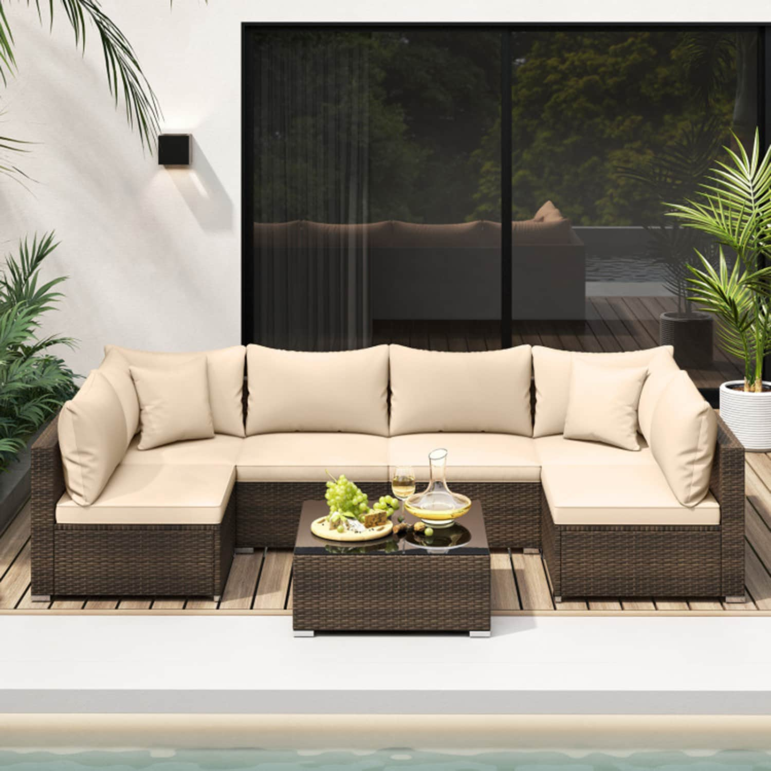 Topcobe 7 Pieces Patio Rattan Furniture Set with Sectional Sofa Cushions, Outdoor Patio Furniture-Beige