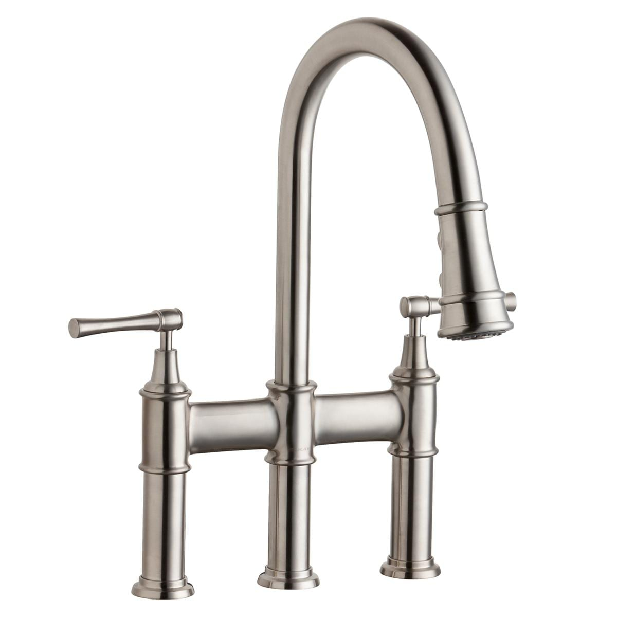 Lustrous Steel Bridge Kitchen Faucet with Pull-down Spray