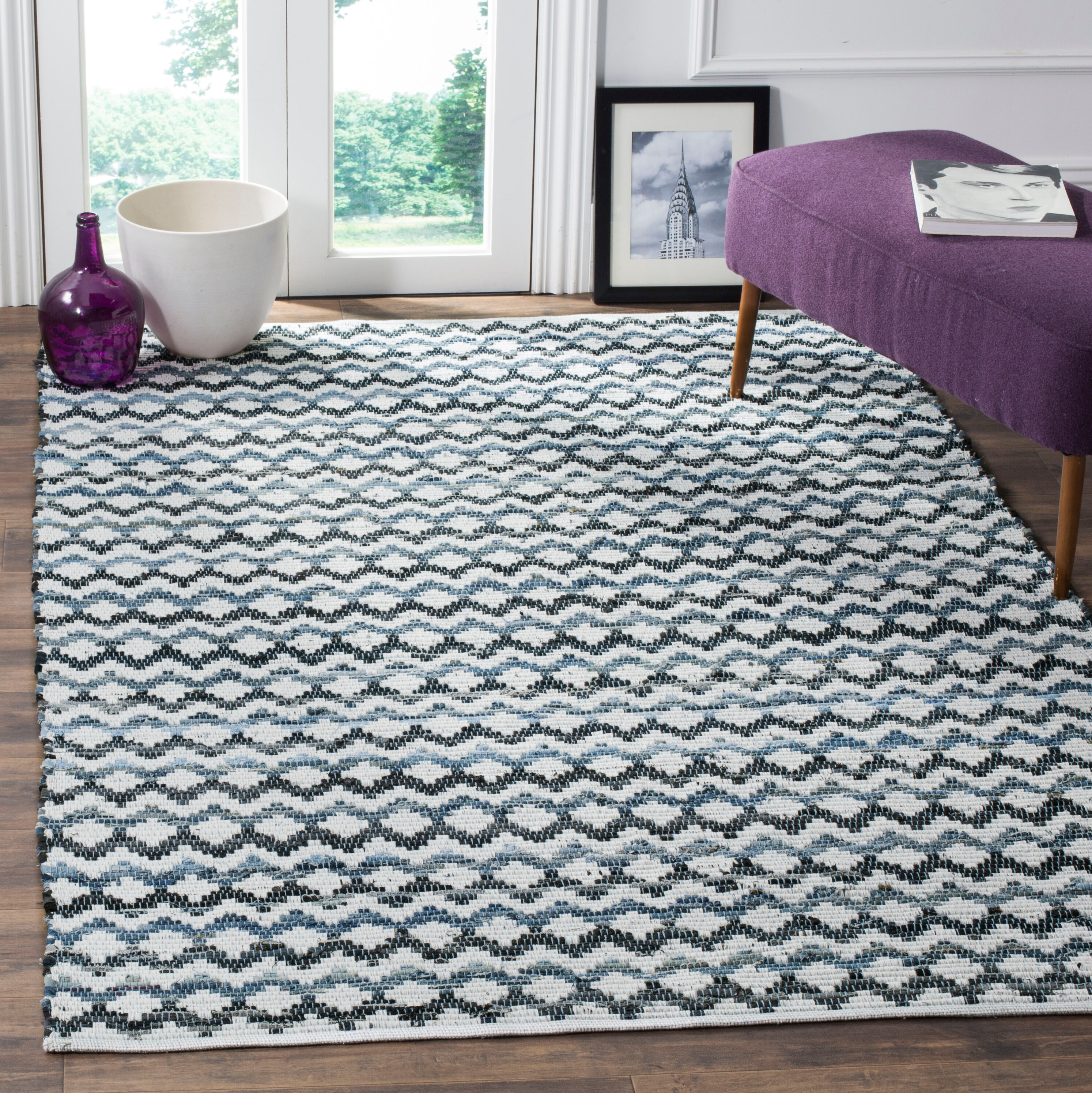 SAFAVIEH Montauk Harding Geometric Striped Cotton Area Rug, Ivory Blue/Black, 10' x 14'