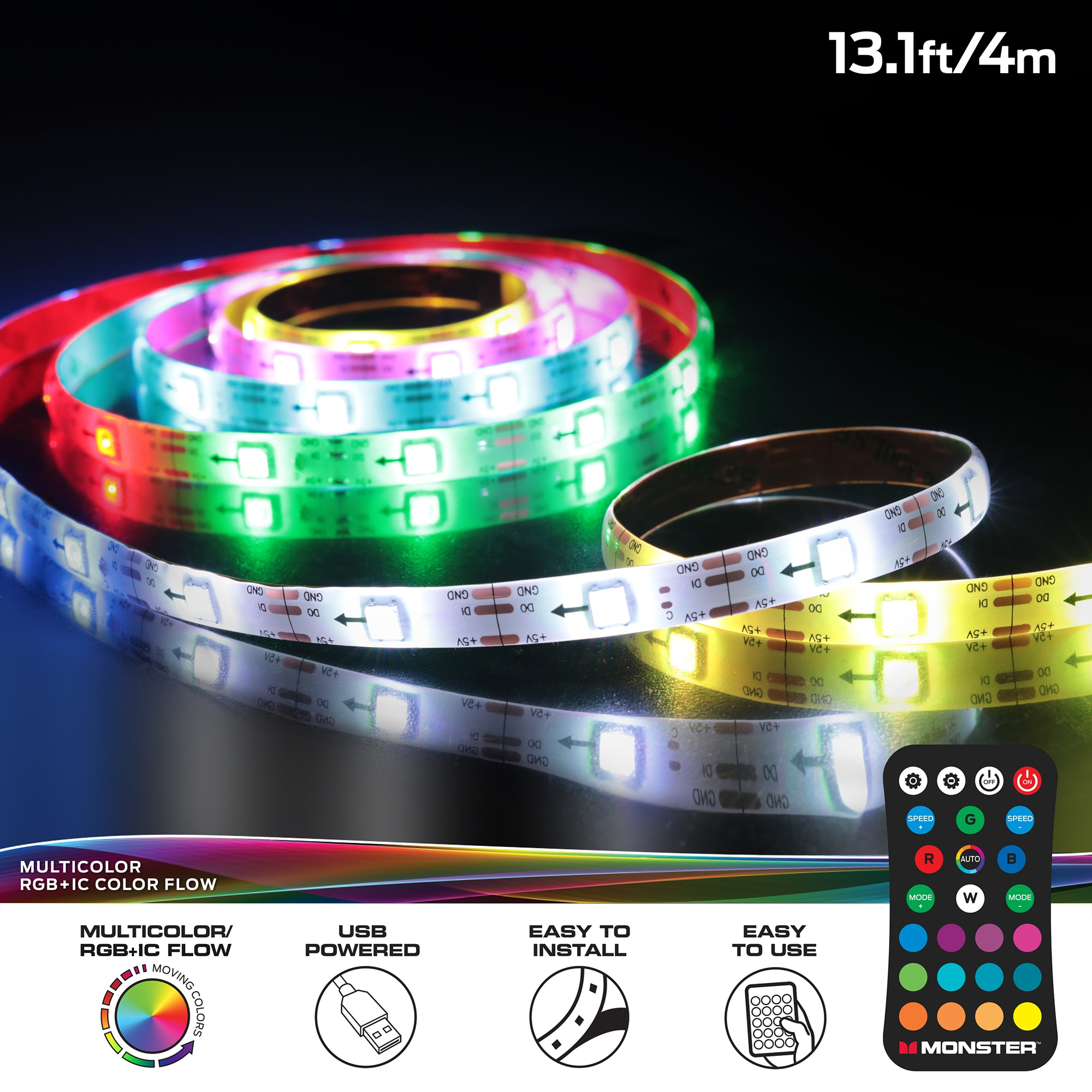 Monster 12ft Multi-Color Sound Reactive LED Light Strip with Remote Control, Indoor