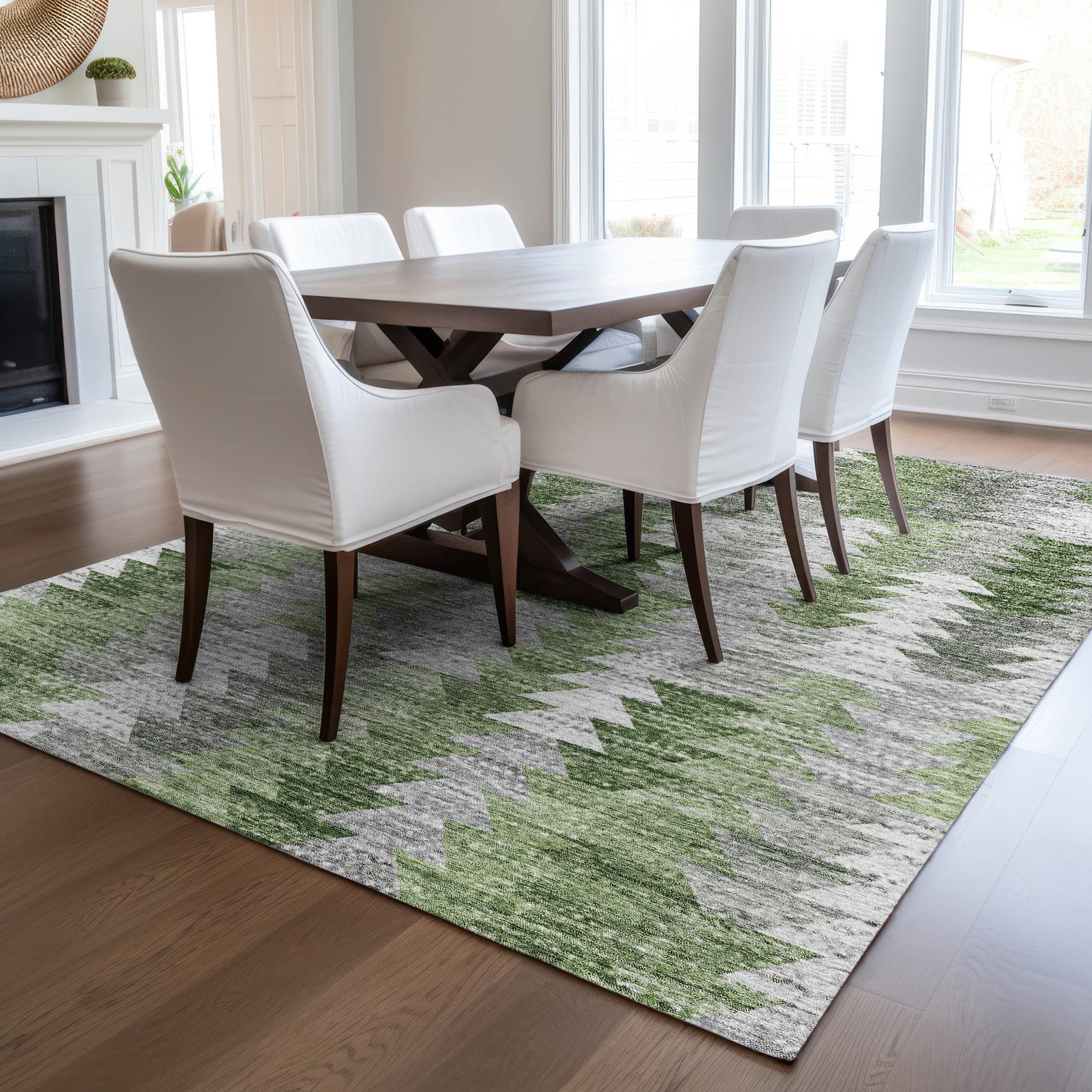 Green and Gray Rectangular Machine Washable Area Rug