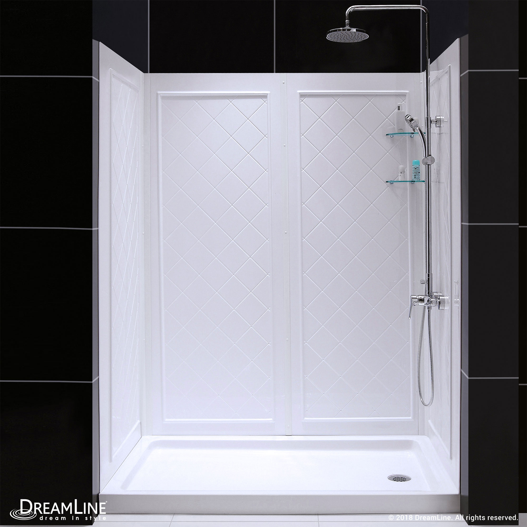 White Acrylic Square Alcove Shower Kit with Tile Pattern