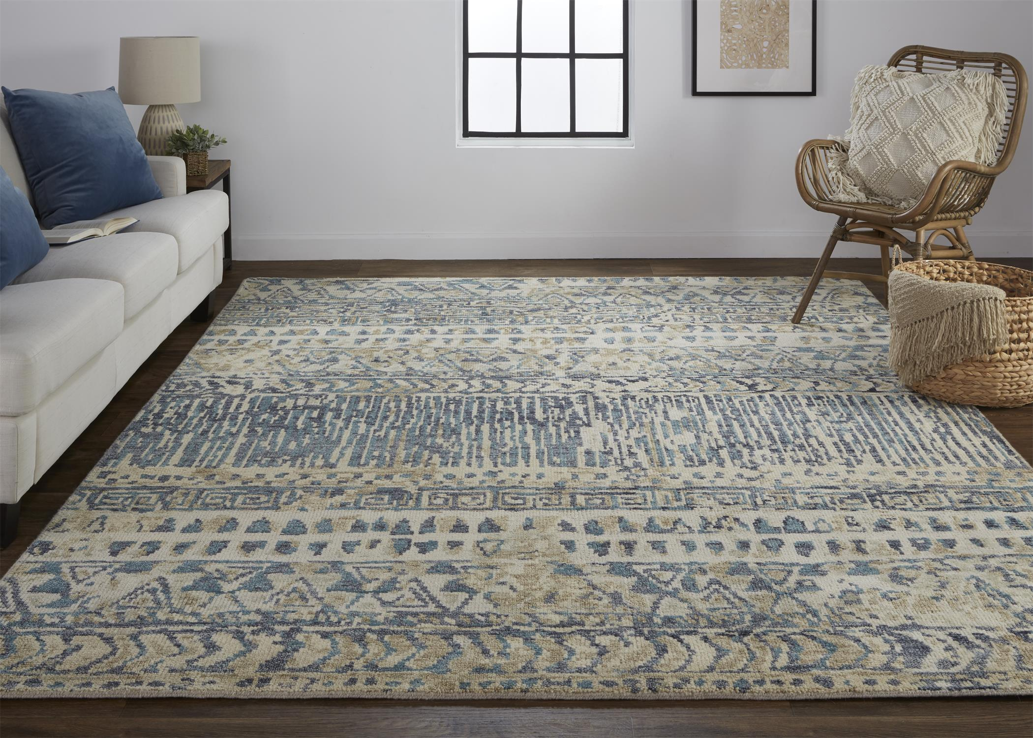 Ivory and Denim Blue Hand-Knotted Wool Abstract Rug