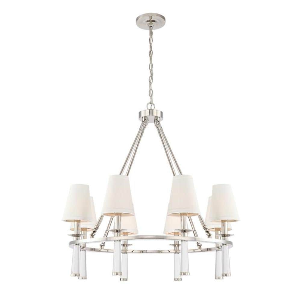 Chic Polished Nickel 8-Light Chandelier with White Silk Drum Shade