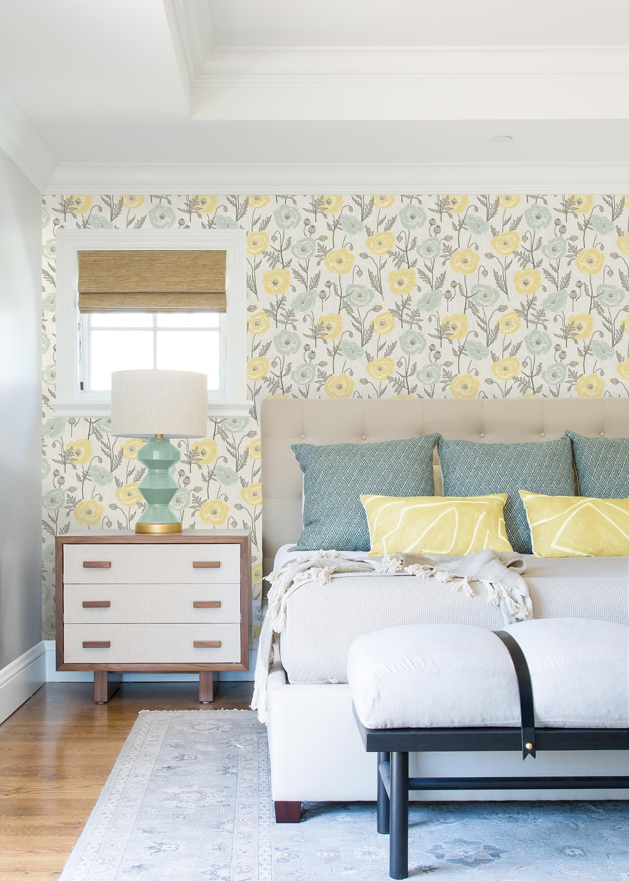 Aqua and Yellow Poppy Field Peel and Stick Wallpaper