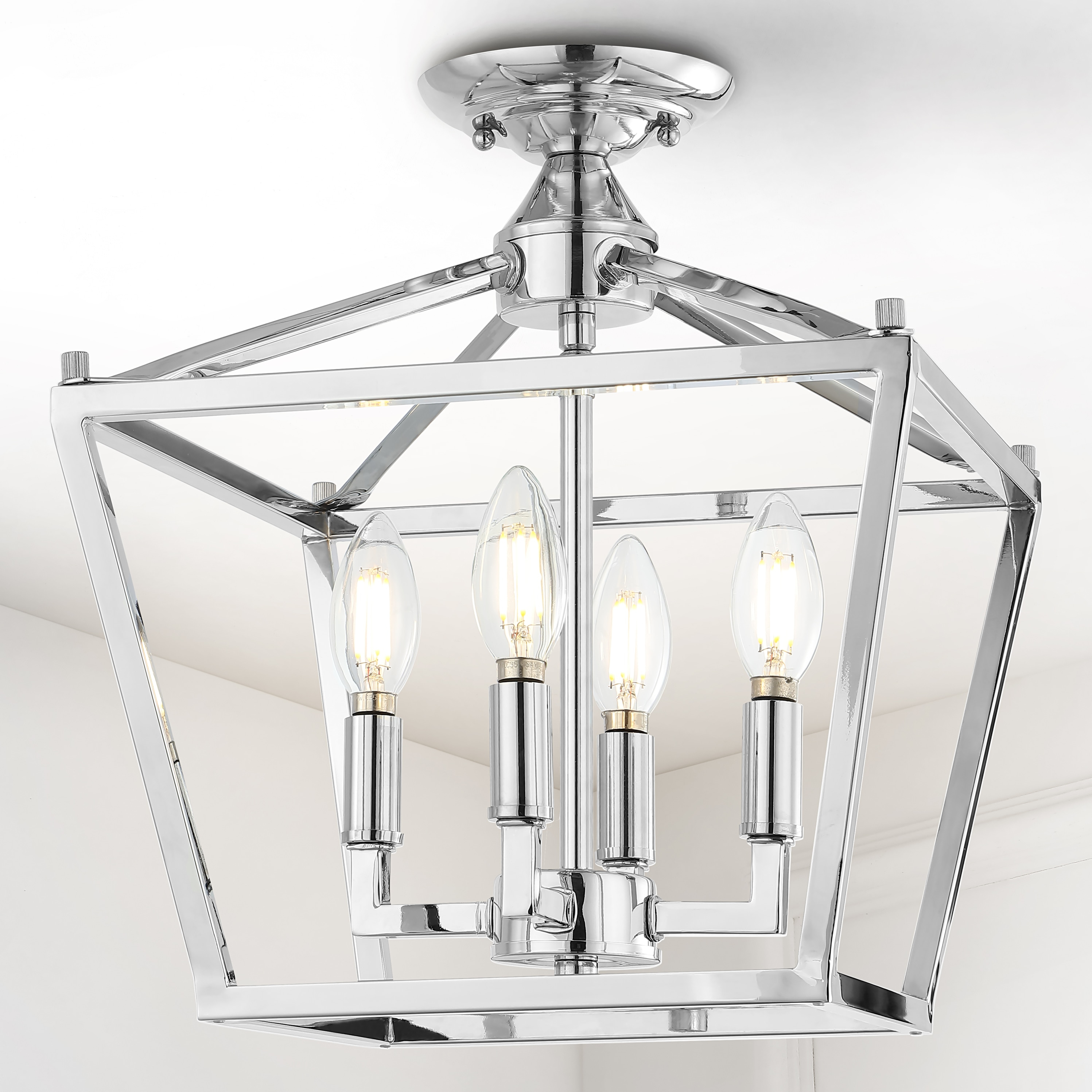 Plains Mini Lantern 12 in. 4-Light Chrome Iron Modern Farmhouse LED Flush Mount