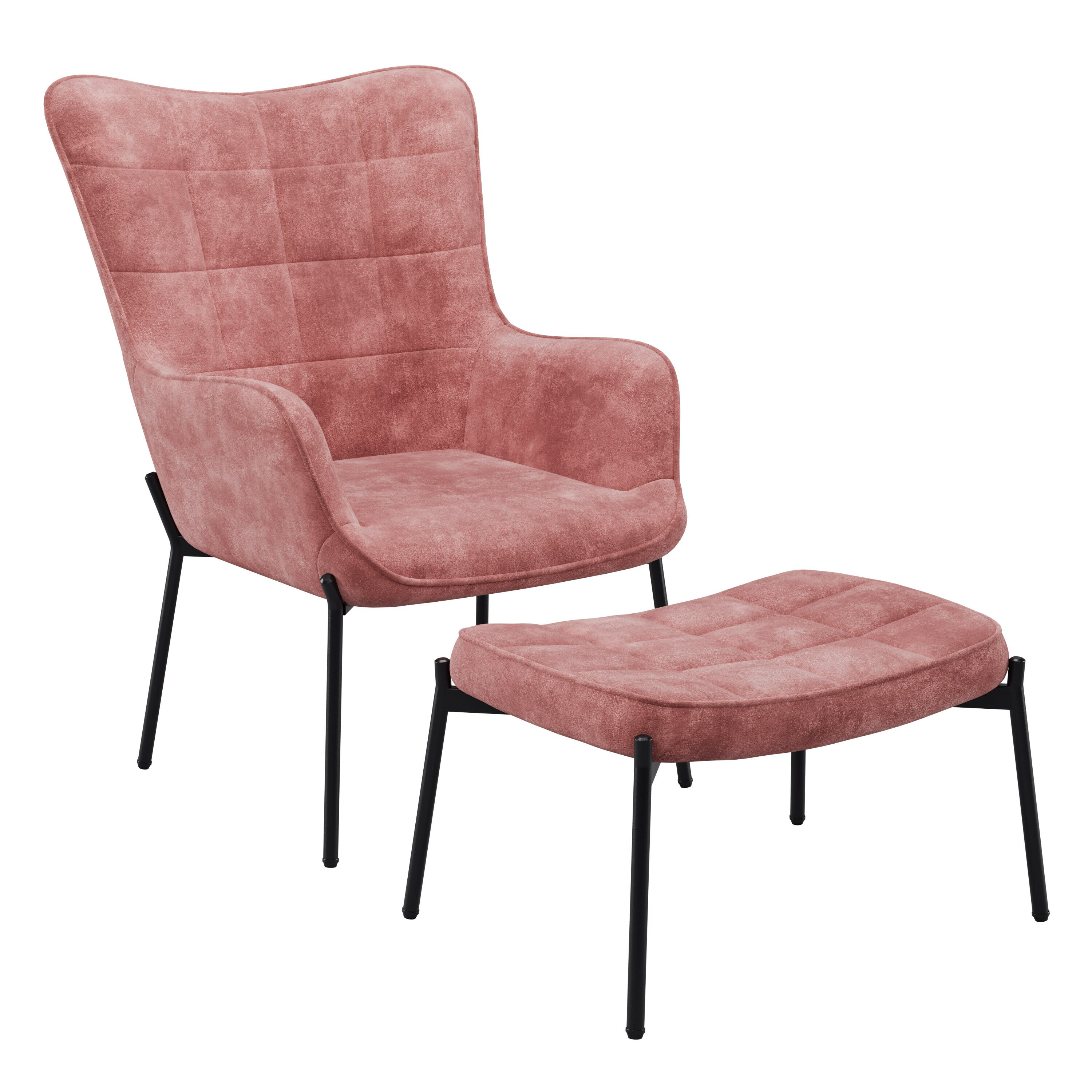 Charlotte Salmon Pink Velvet Fabric Wingback Accent Chair with Foot Stool