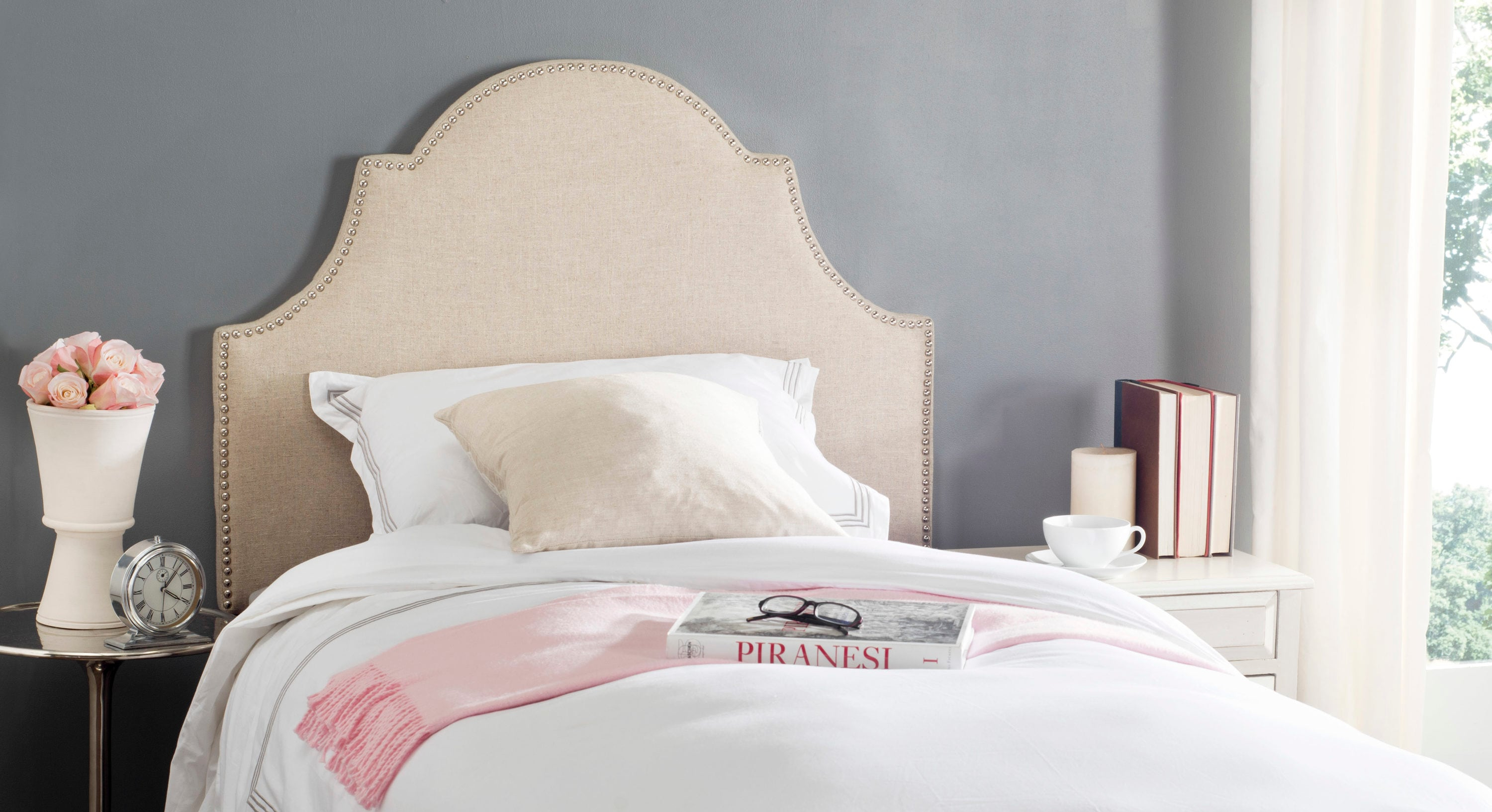 SAFAVIEH Hallmar Classic Elegant Upholstered Headboard, Twin, Hemp/Silver Nails