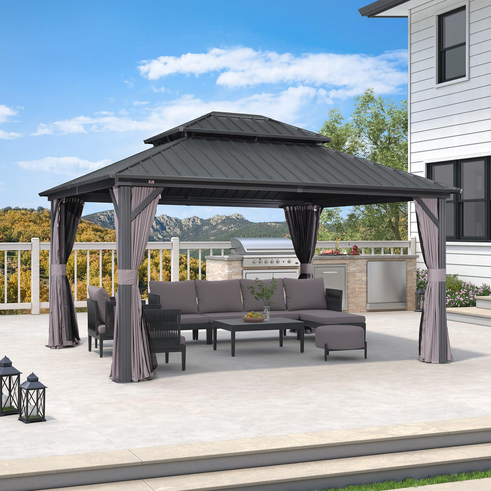 PURPLE LEAF 12' x 14' Permanent Hardtop Gazebo Aluminum Frame Gazebo with Galvanized Steel Double Roof, UV-Resistant for Backyard Patio Lawn and Garden, Netting & Curtains included - Grey