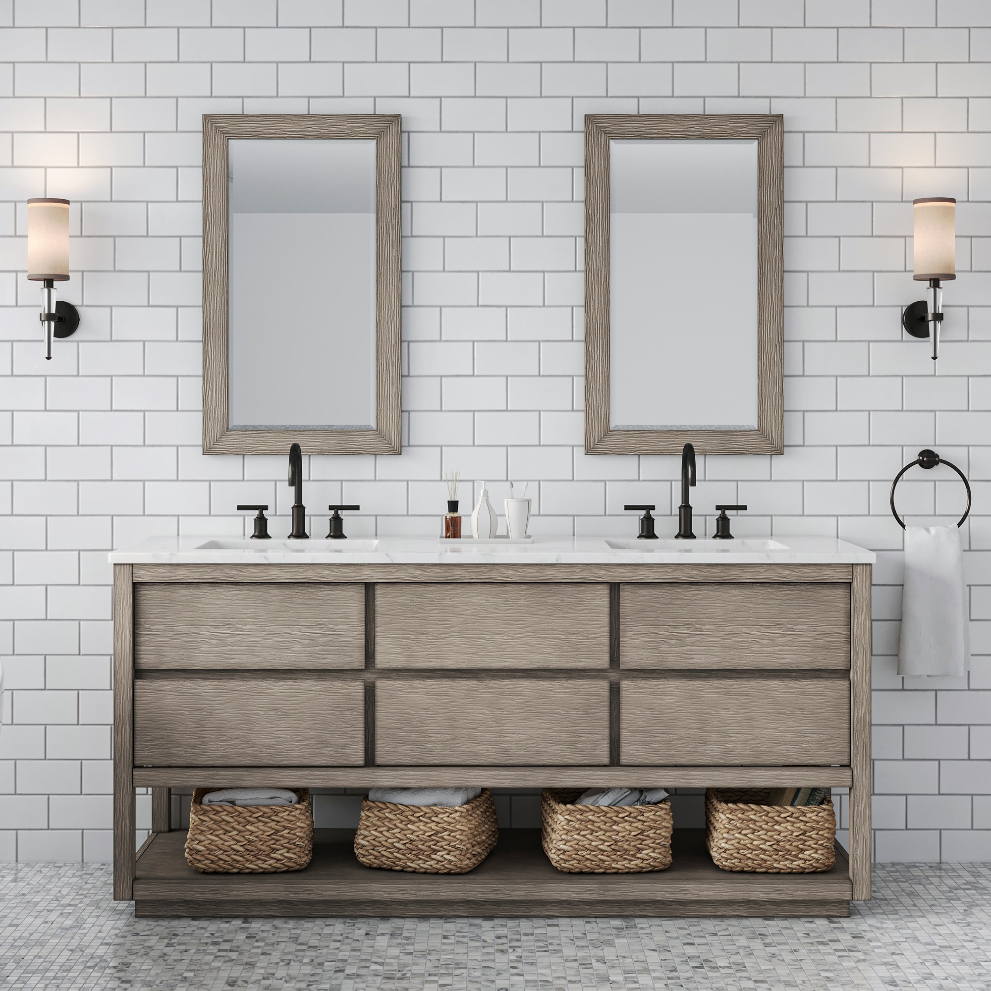 72'' Grey Oak Double Sink Vanity with Carrara Marble Countertop
