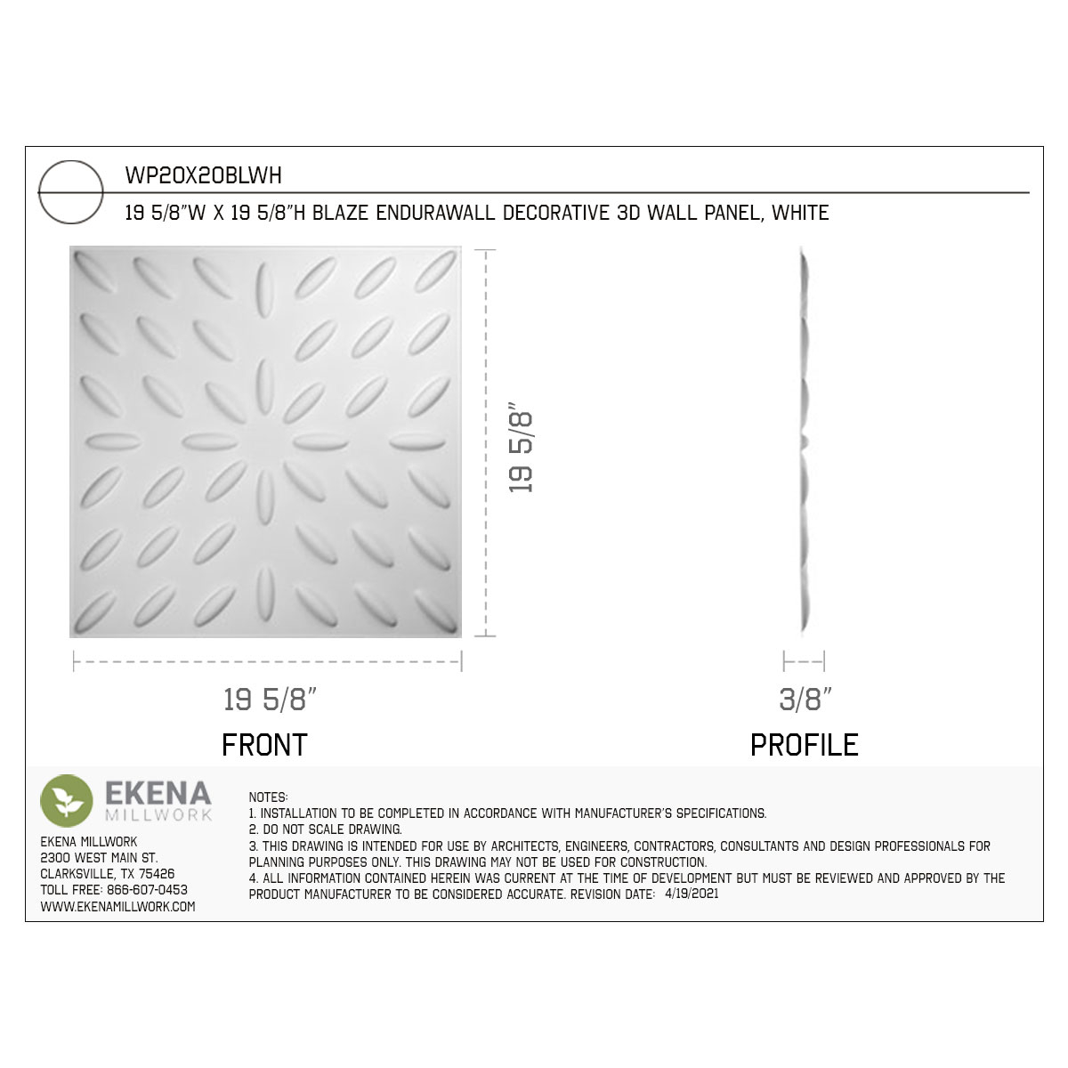 Ekena Millwork 19 5/8"W x 19 5/8"H Blaze EnduraWall Decorative 3D Wall Panel (Covers 2.67 Sq. Ft.)