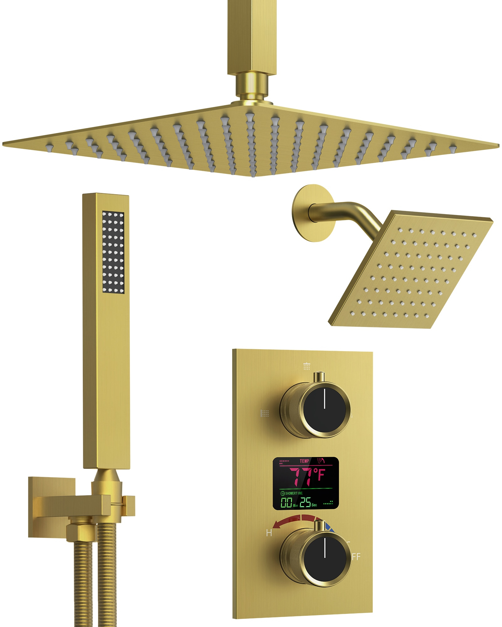 GRANDJOY Dual Wall Mount Rainfall Shower Head System Adjustable 12 inch & 6 inch Shower Faucet Set with Handheld Shower Spray Thermostatic Pressure Balance Value, Brushed Gold