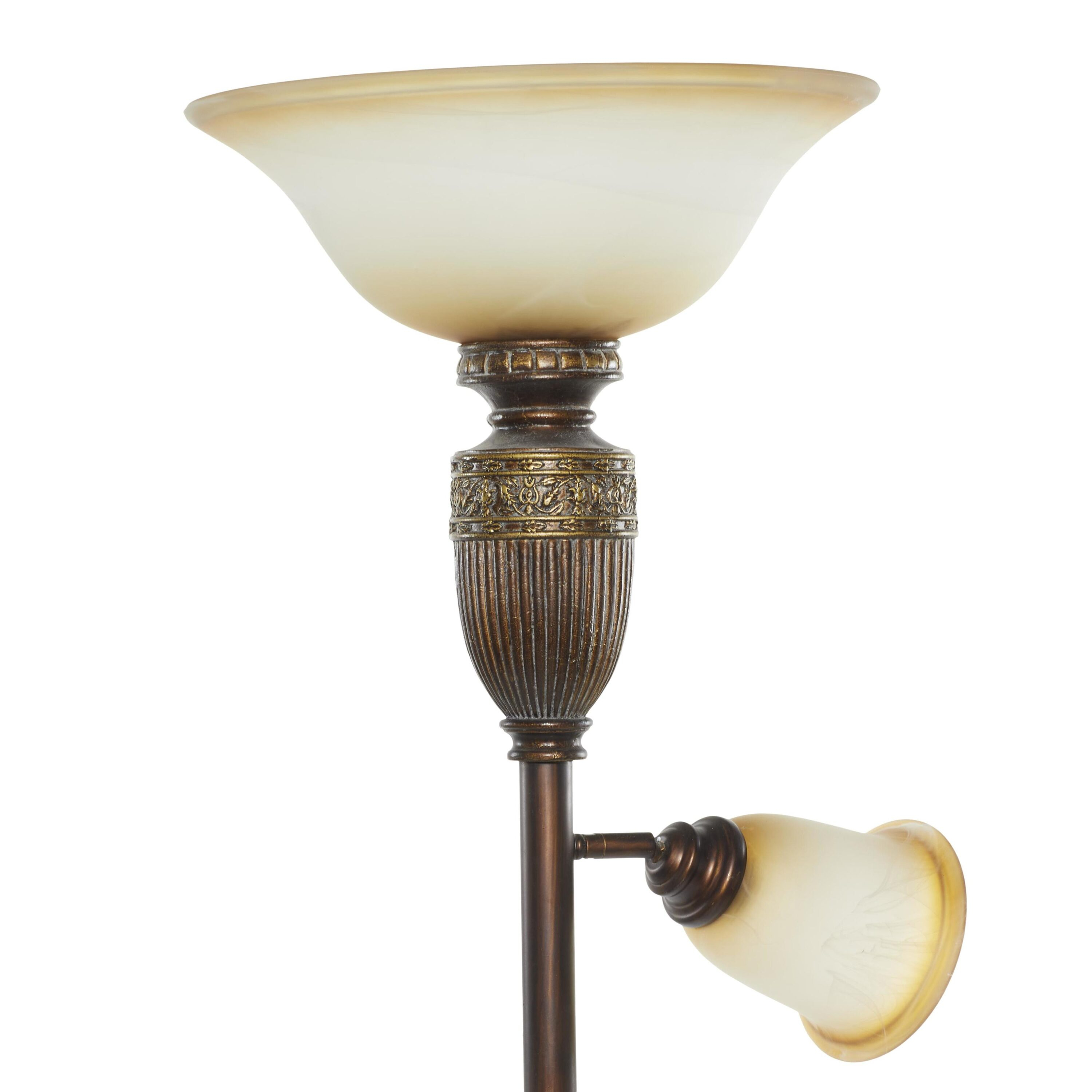 DecMode 70" Antique Style Brown Torchiere with Beige Glass Shade