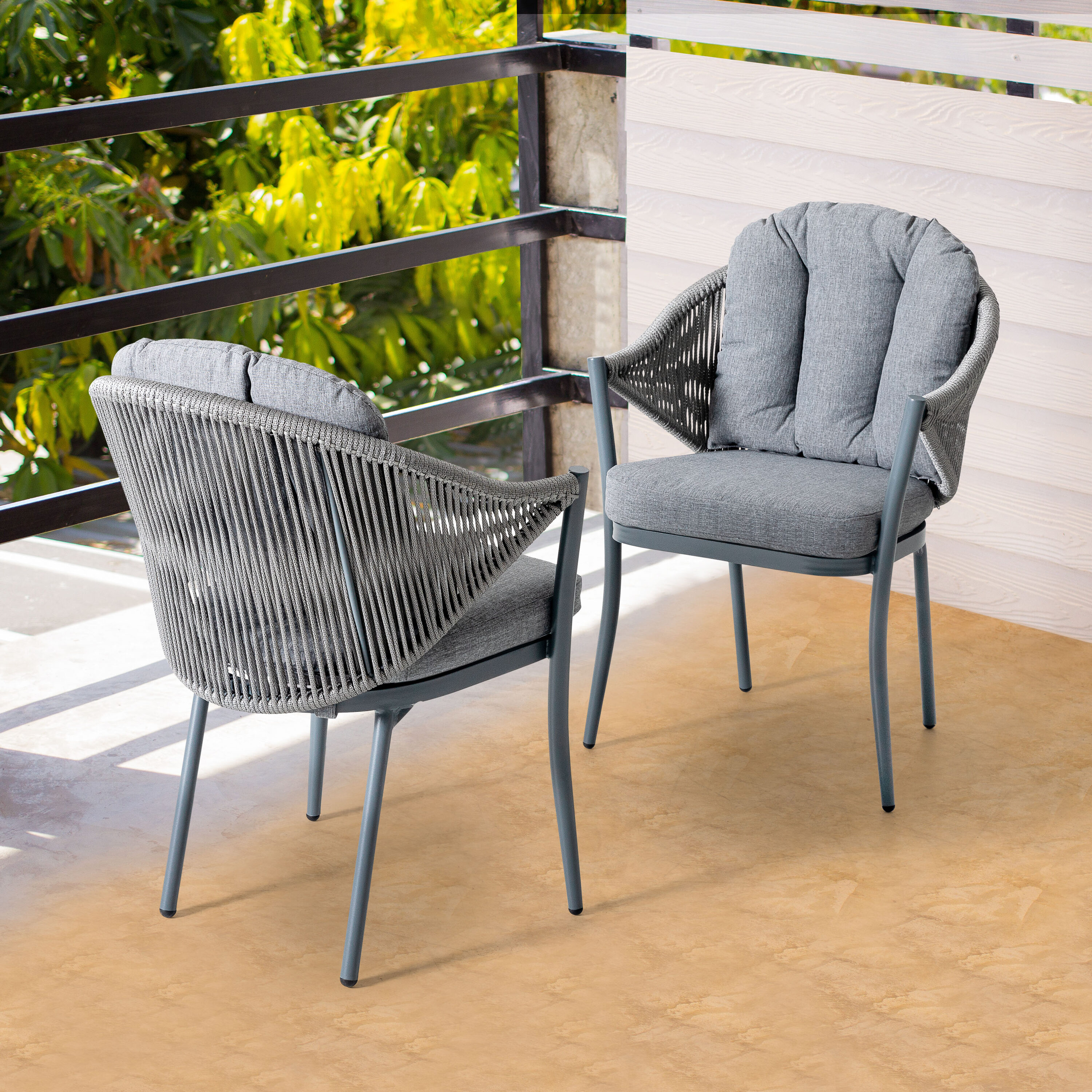 Nuu Garden Patio Dining Chairs Set of 2, Woven Rope Outdoor Dining Chairs, All-Weather Aluminum Arm Chairs with Cushions, No Assembly Light Grey