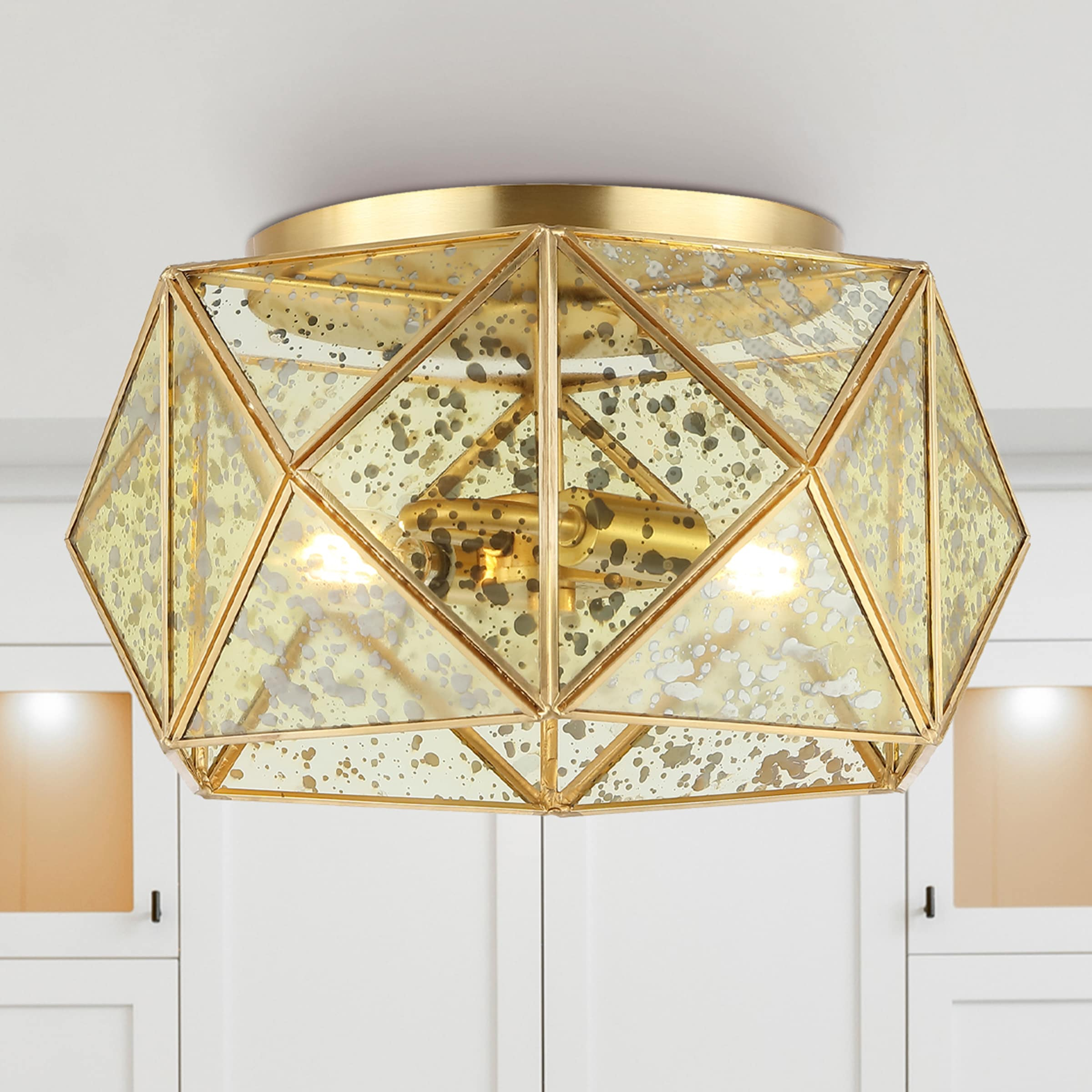JONATHAN Y JYL9927A Violet 12.5" 2-Light Industrial Vintage Iron/Glass LED Flush Mount Farmhouse Modern 2700K Cozy Warm Light Kitchen Hallway Bathroom Stairwell Entryway Foyer, Brass Gold