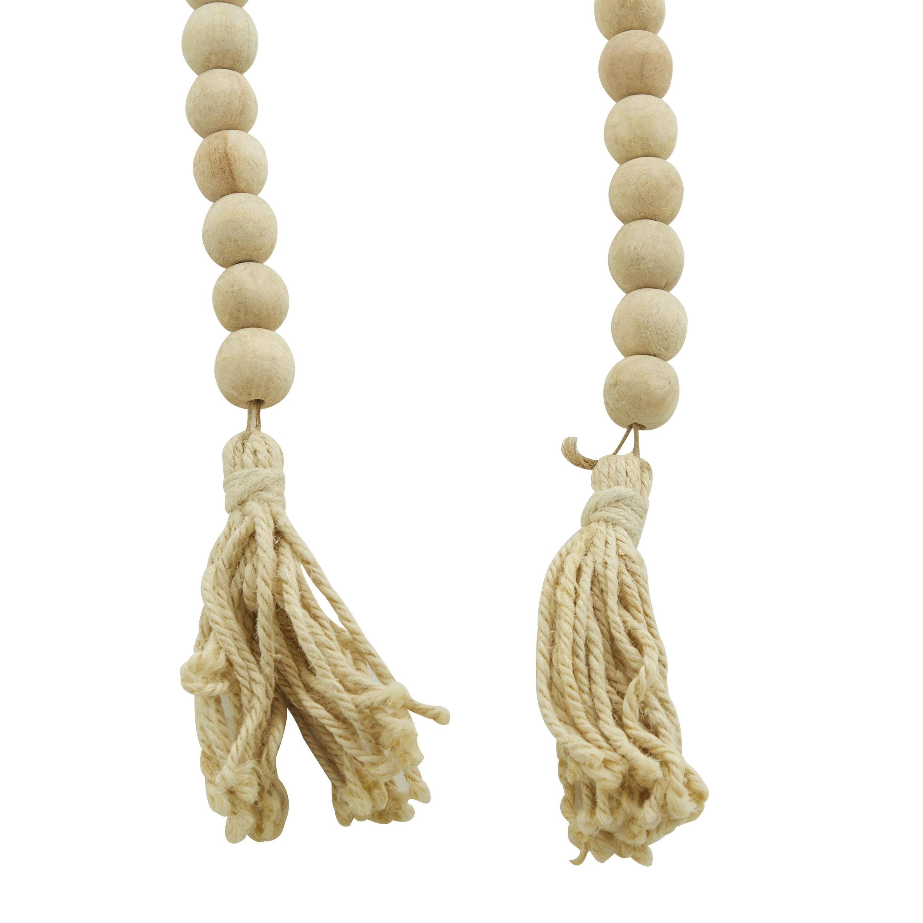 DecMode Light Brown Wood Bohemian Garland Décor with Geometric Bead Details and Cream Cotton Tassel, 87"L