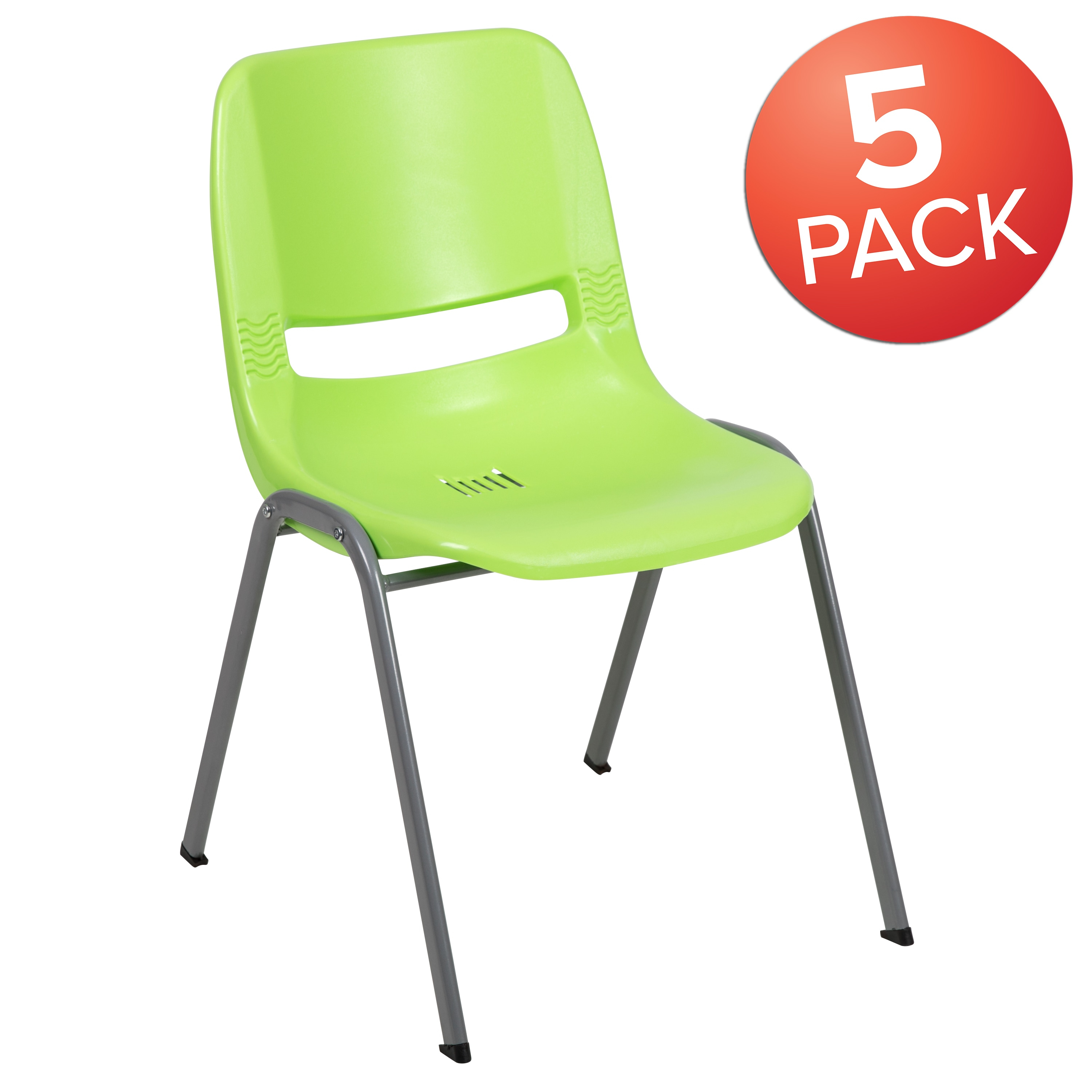 Flash Furniture HERCULES Series 5 Pack 880 lb. Capacity Green Ergonomic Shell Stack Chair with Gray Frame