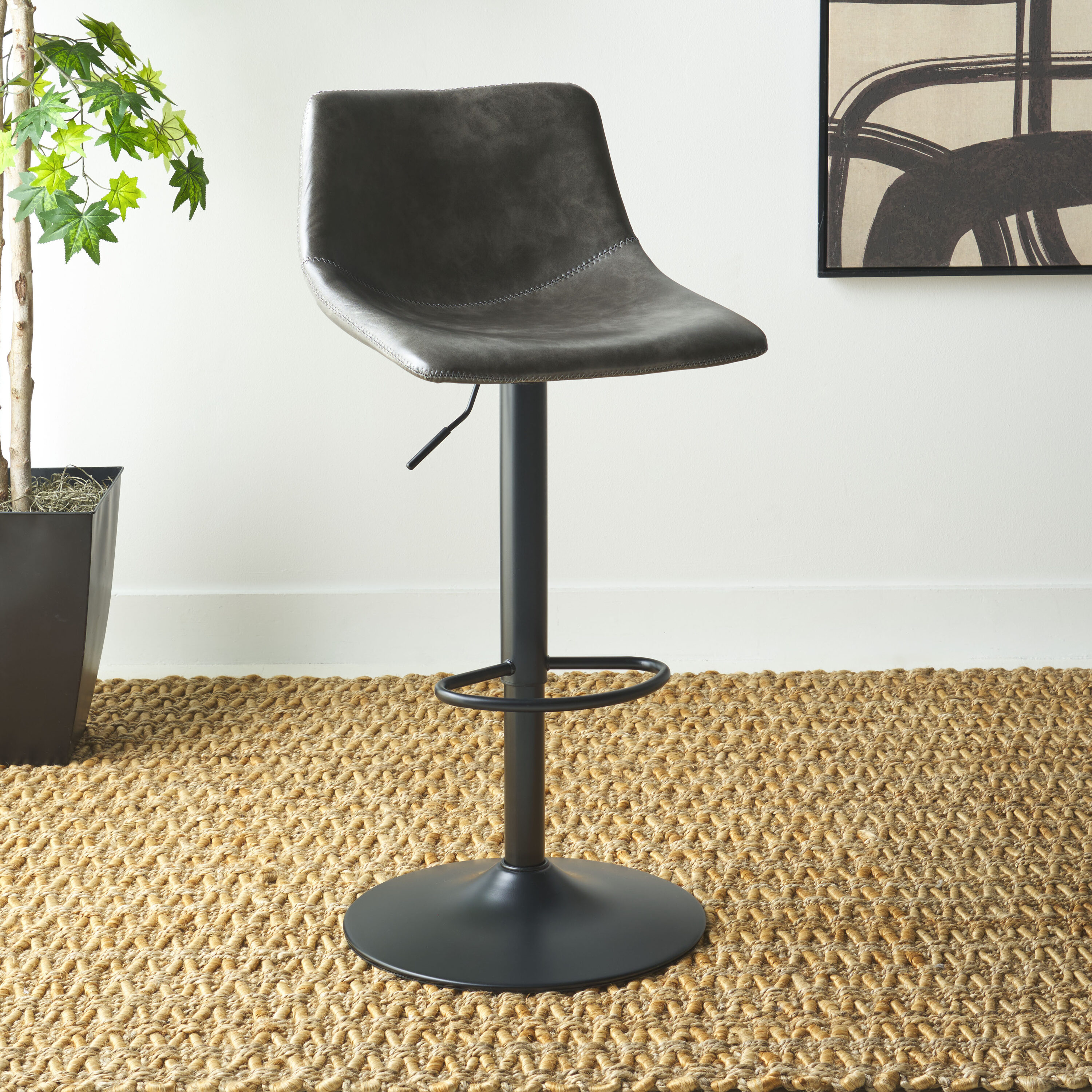 Aelin Adjustable Gray Faux-Leather Swivel Bar Stool with Black Metal Base