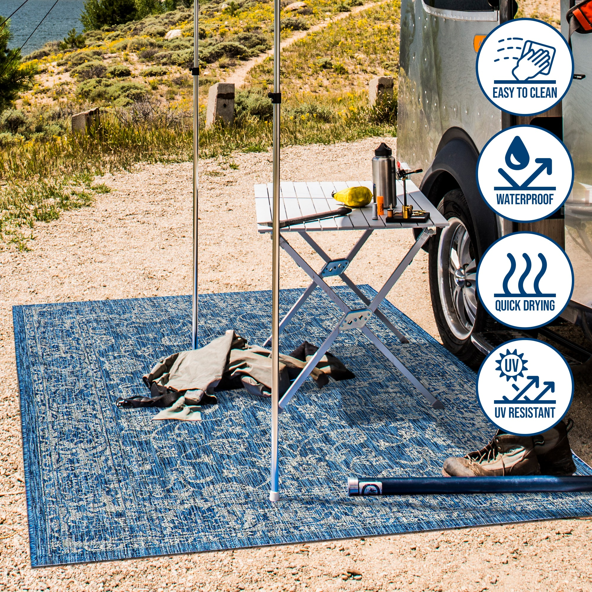 JONATHAN  Y Santa Monica Tela Textured Weave Floral 4 x 6 (ft) Loomed Polypropylene Navy/Gray Rectangular Indoor/Outdoor Border Coastal Area rug