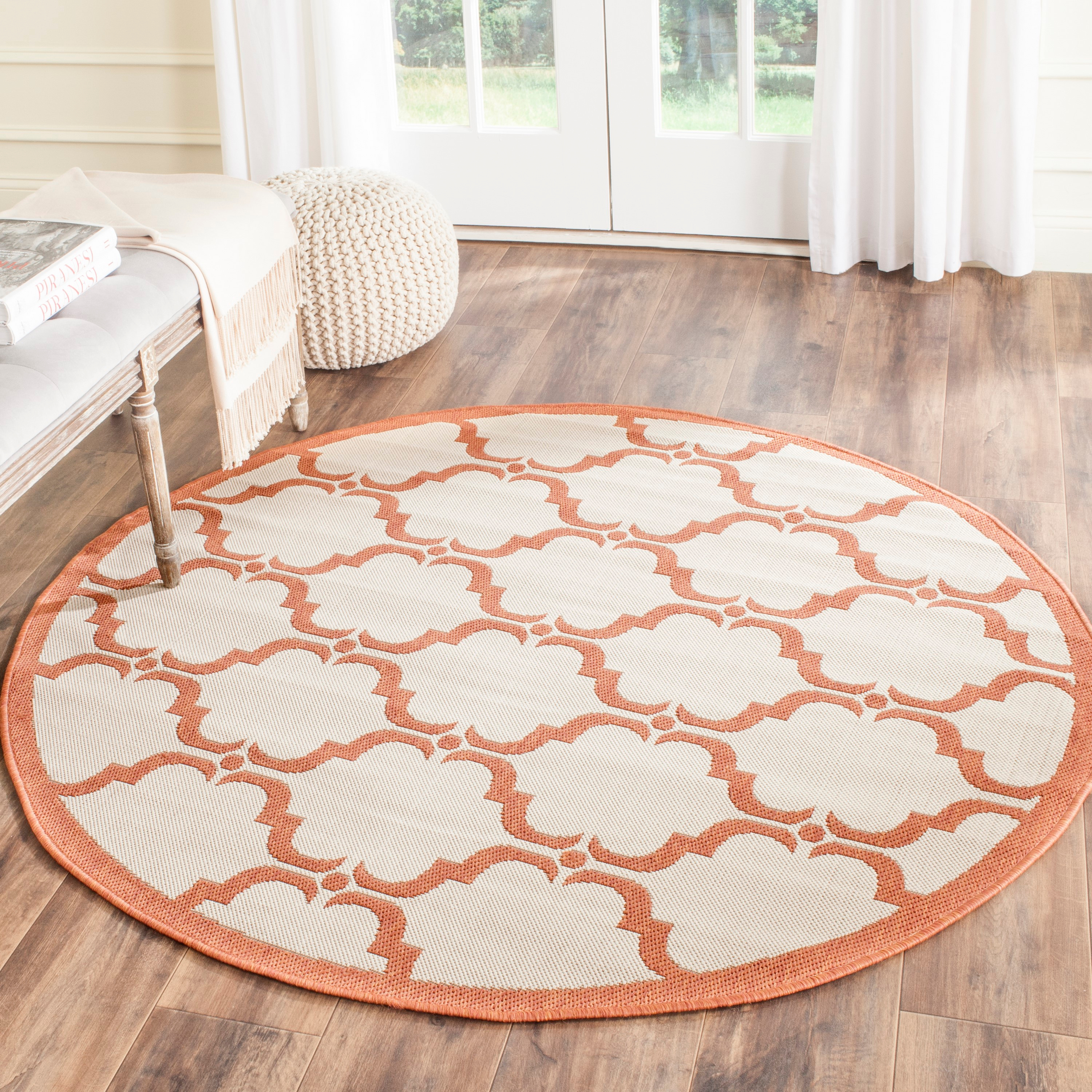 SAFAVIEH Courtyard Estelle Geometric Indoor/Outdoor Area Rug, 5'3" x 5'3" Round, Beige/Terracotta