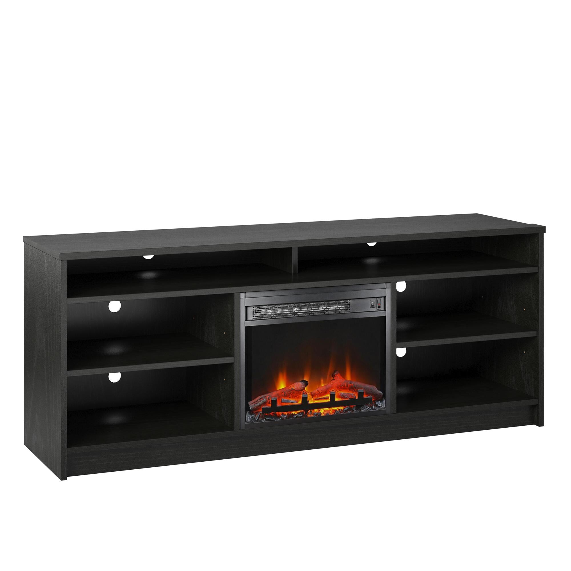 Ameriwood Home Hendrix Electric Fireplace Space Heater TV Stand for TVs up to 65" with 6 Shelves, Black Oak