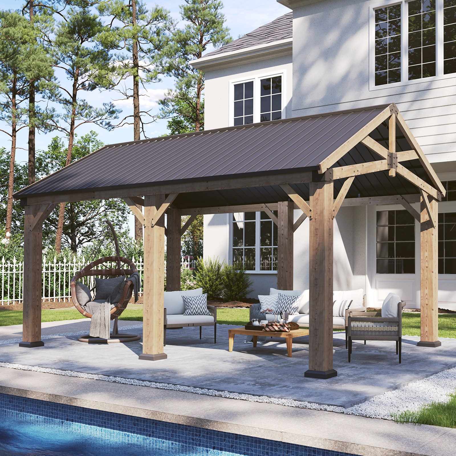 Aoxun 12' x 16' Outdoor Wood Gazebo, Hardtop Gazebo Permanent Wooden Pavilion with Galvanized Steel Gable Roof, for Patio, Garden, Deck, Cedar Wood