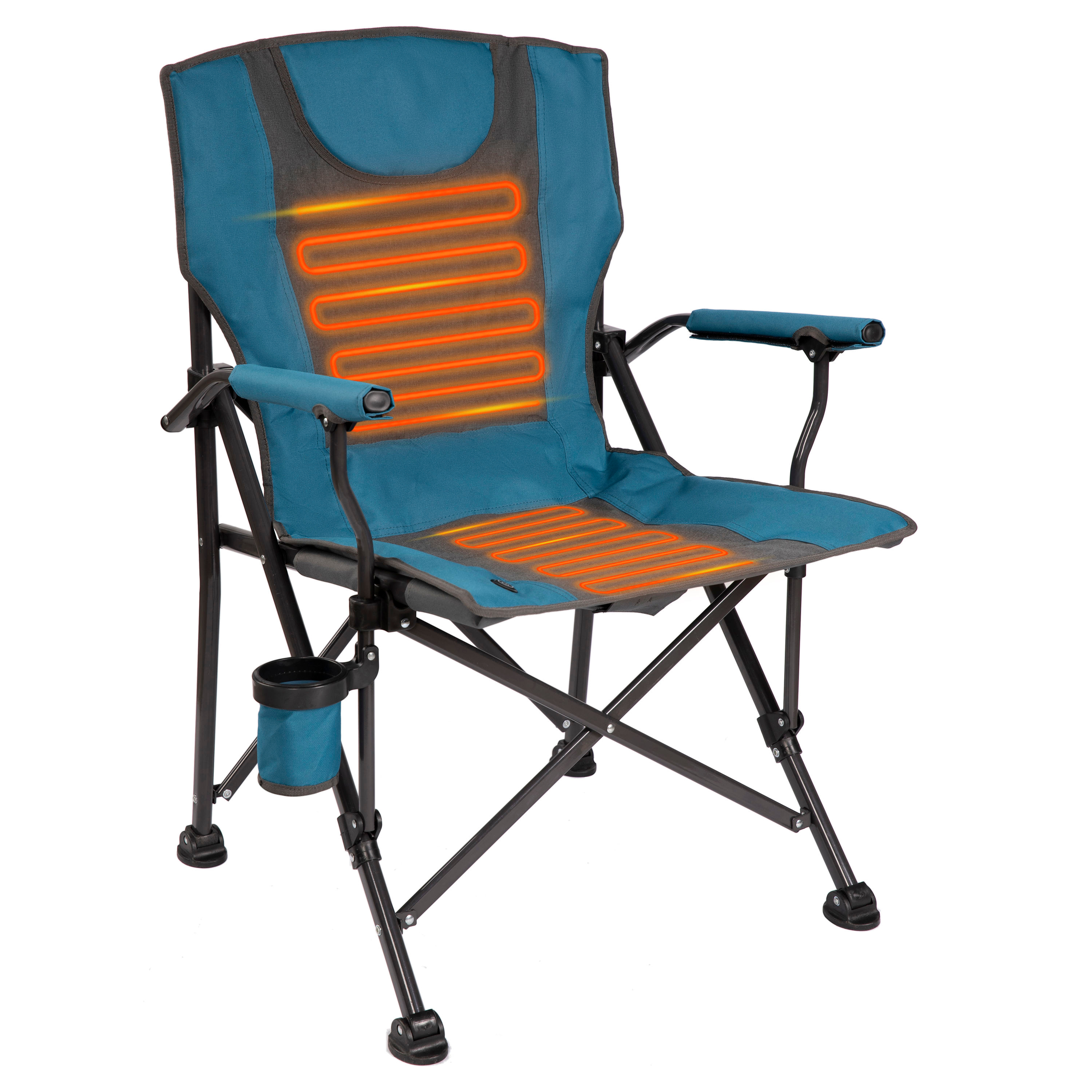 Luxury Heated Portable Camp Chair - Blue/Grey - Great for Camping, Sports and the Beach