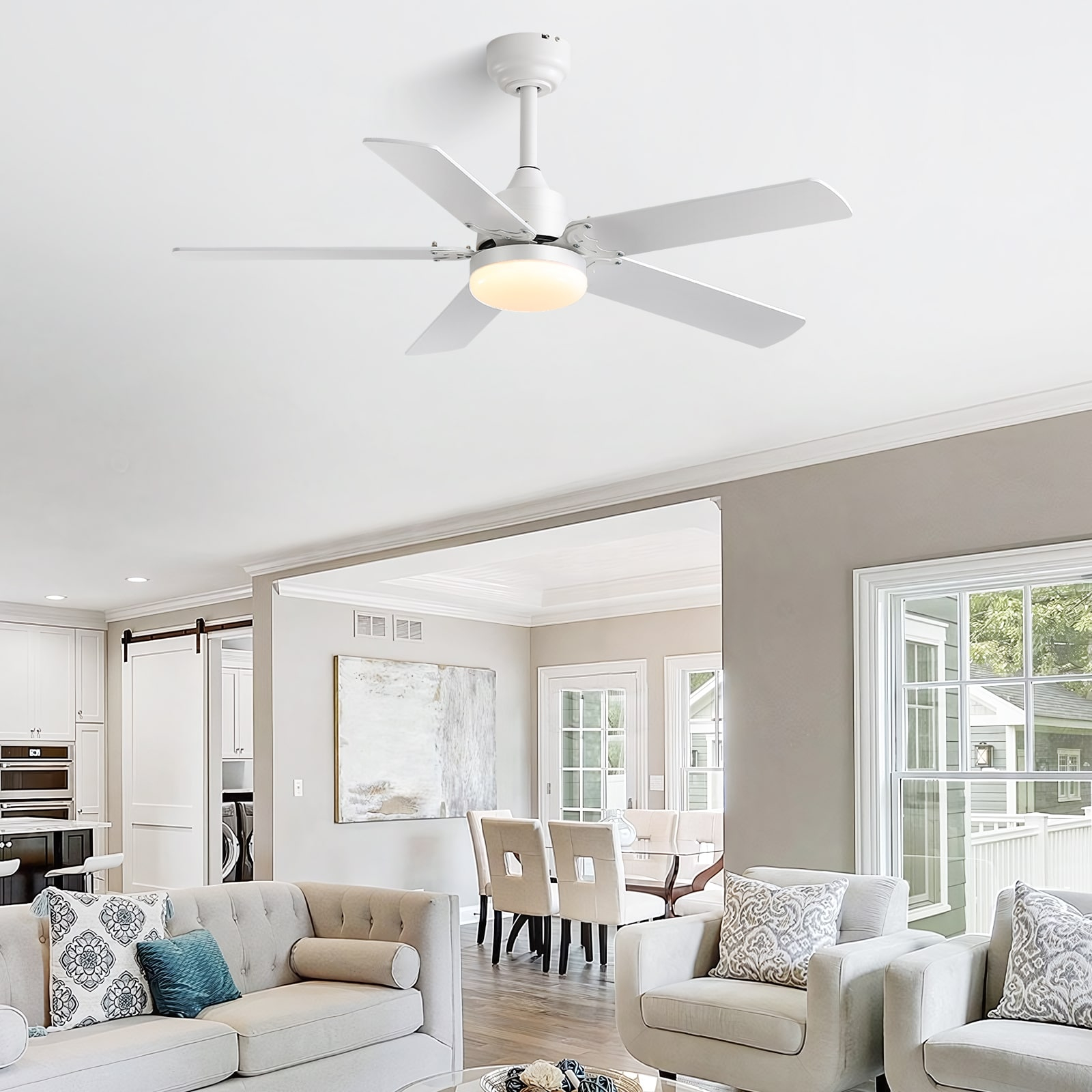42" Plywood Blades Ceiling Fan with LED light and Remote, Flush Mount and Downrod Mount White (White/light wood grain blades)