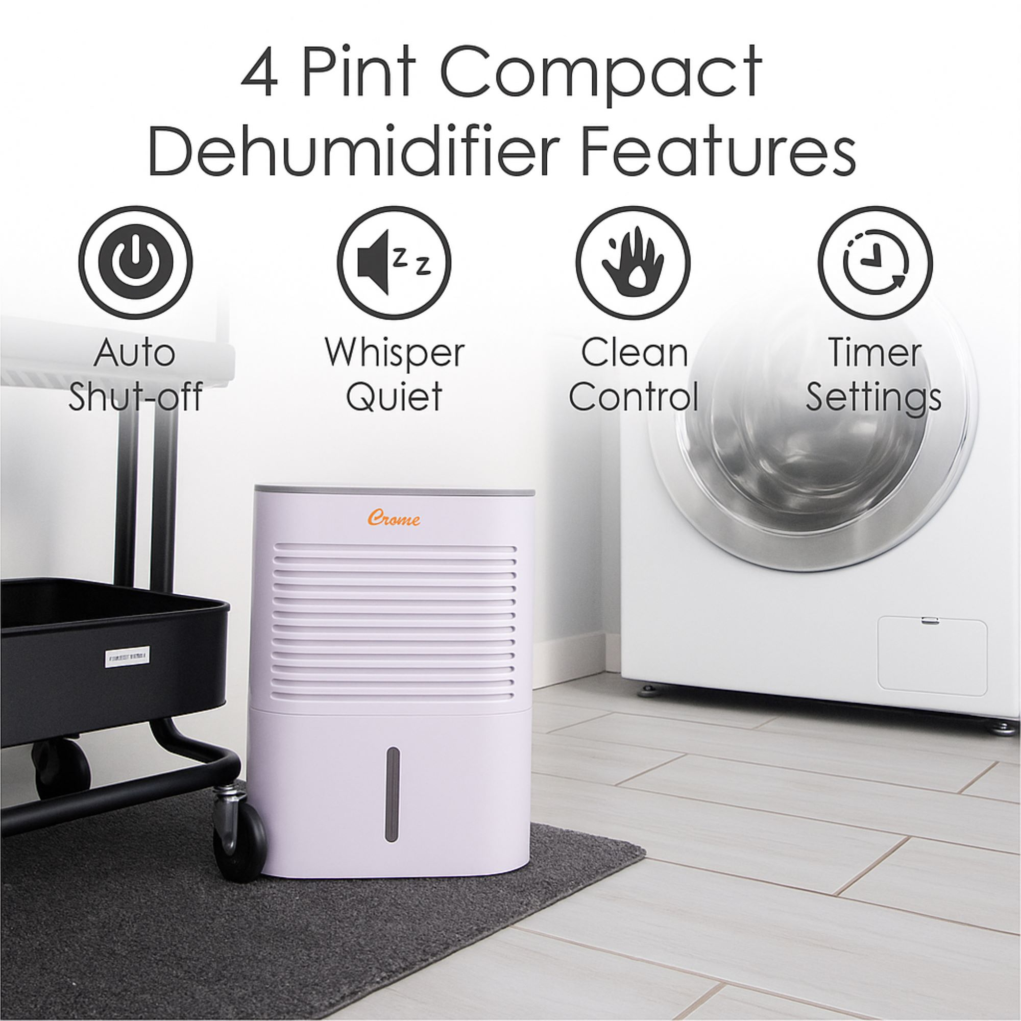 Crane 4 Pint Compact Portable Dehumidifier with 2 Settings for Small to Medium Rooms up to 300 sq. ft.