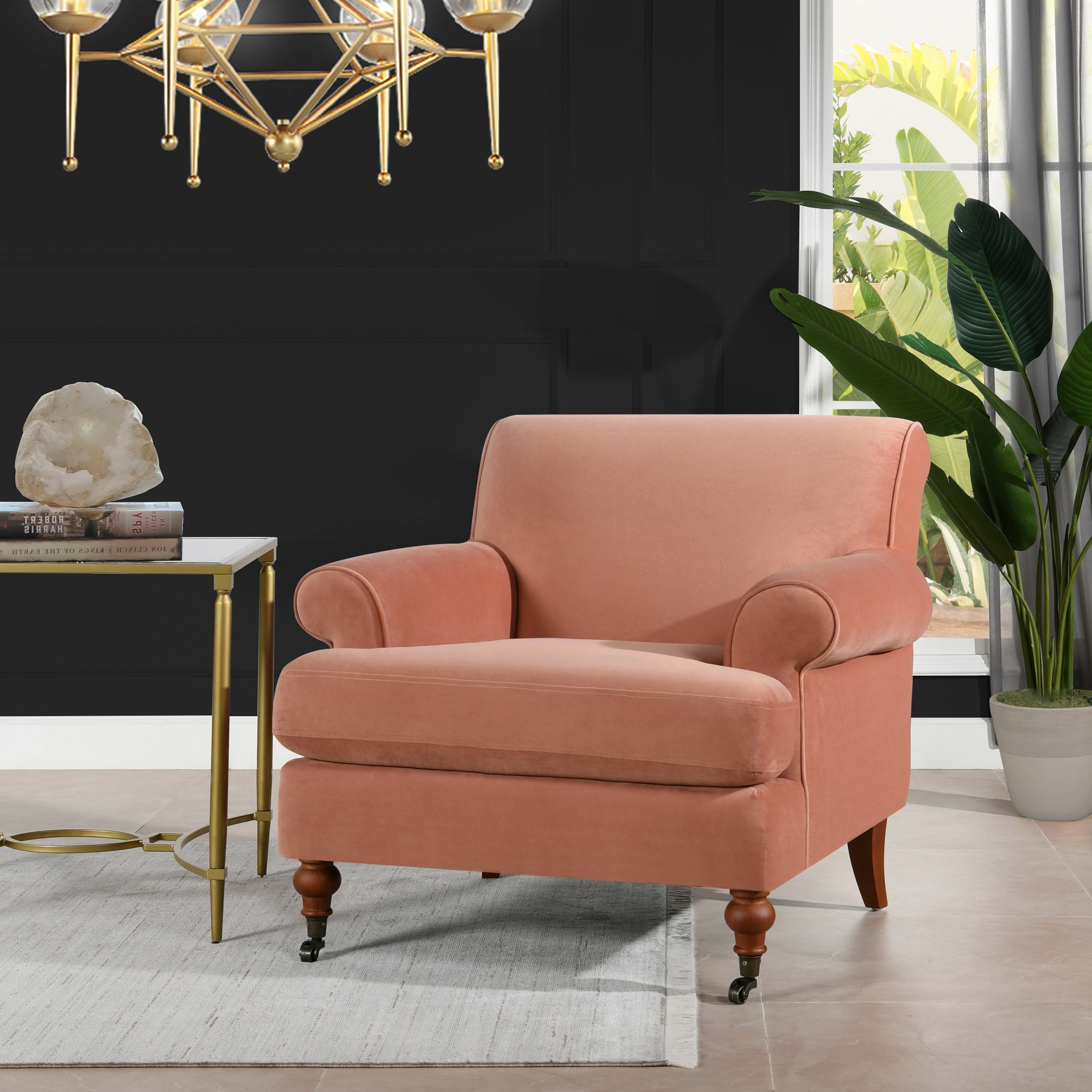 Jennifer Taylor Home Alana 38" Lawson Large Living Room Accent Arm Chair with Metal Casters, Peach Orange