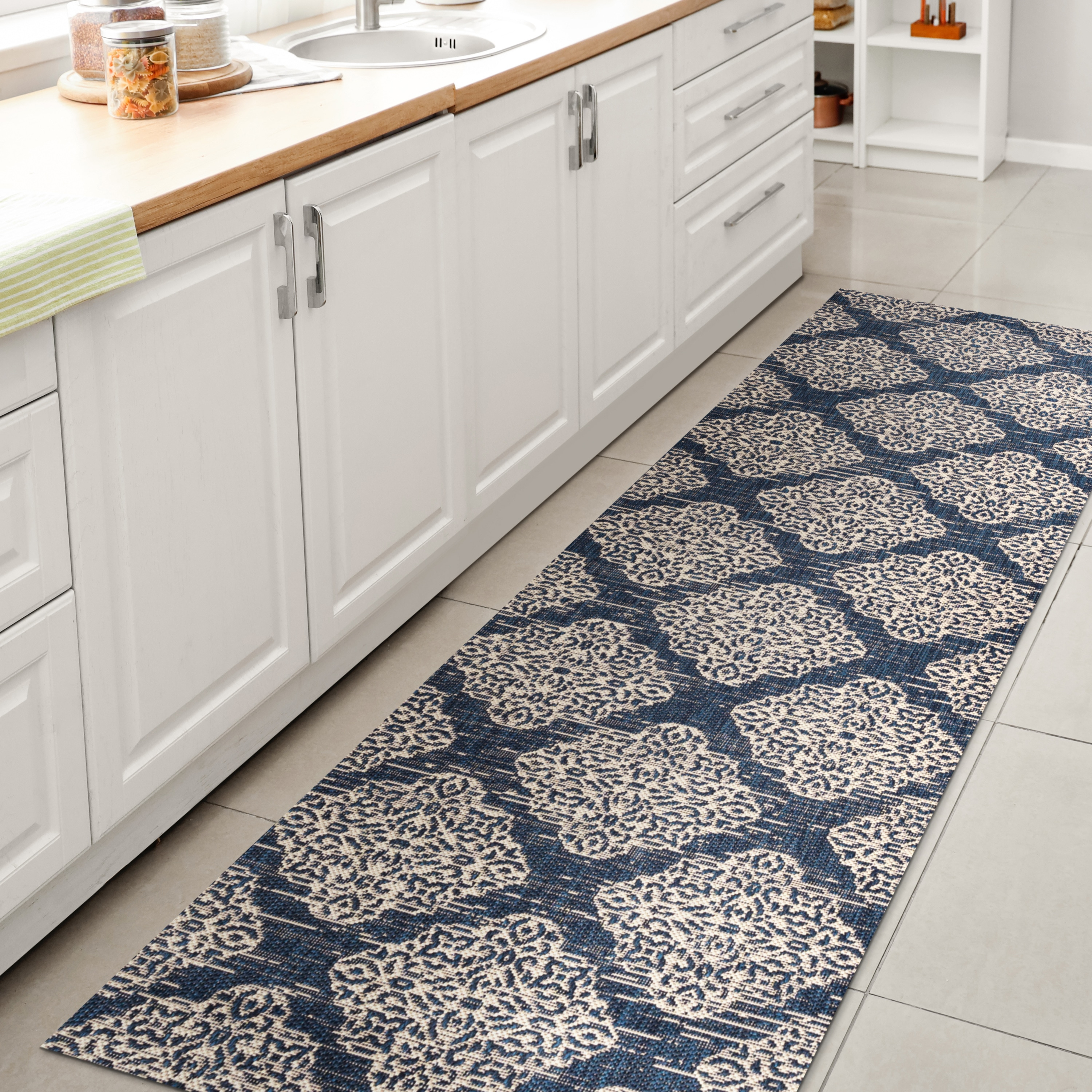 JONATHAN Y SMB121A-28 Tuscany Ornate Medallions Navy/Beige 2 ft. x 8 ft. Indoor/Outdoor Runner Rug, Casual, Pet Friendly, Stain Resistant, Easy to Clean, for Patio, Living Room; Kitchen, Bedroom