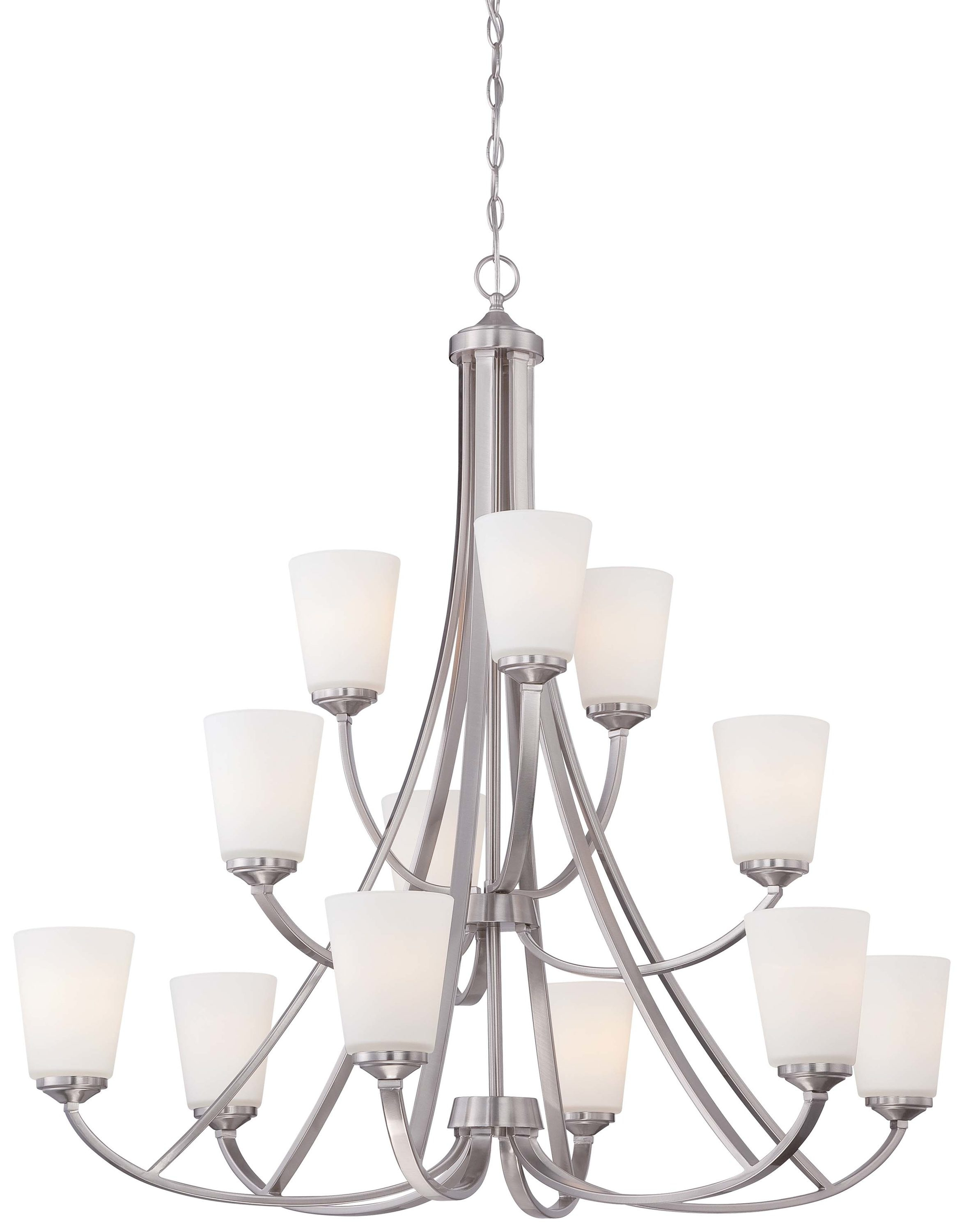 Contemporary Elegance Brushed Nickel 12-Light Chandelier with Etched White Glass