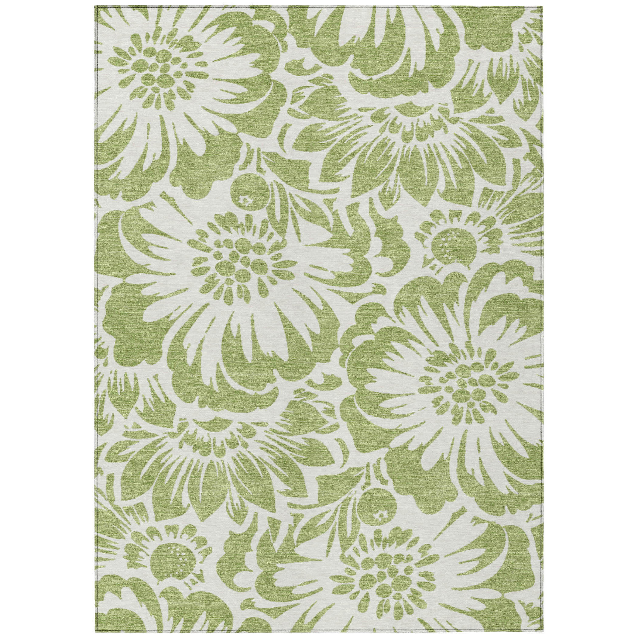 Aloe Green Floral Synthetic Washable 3' x 5' Area Rug