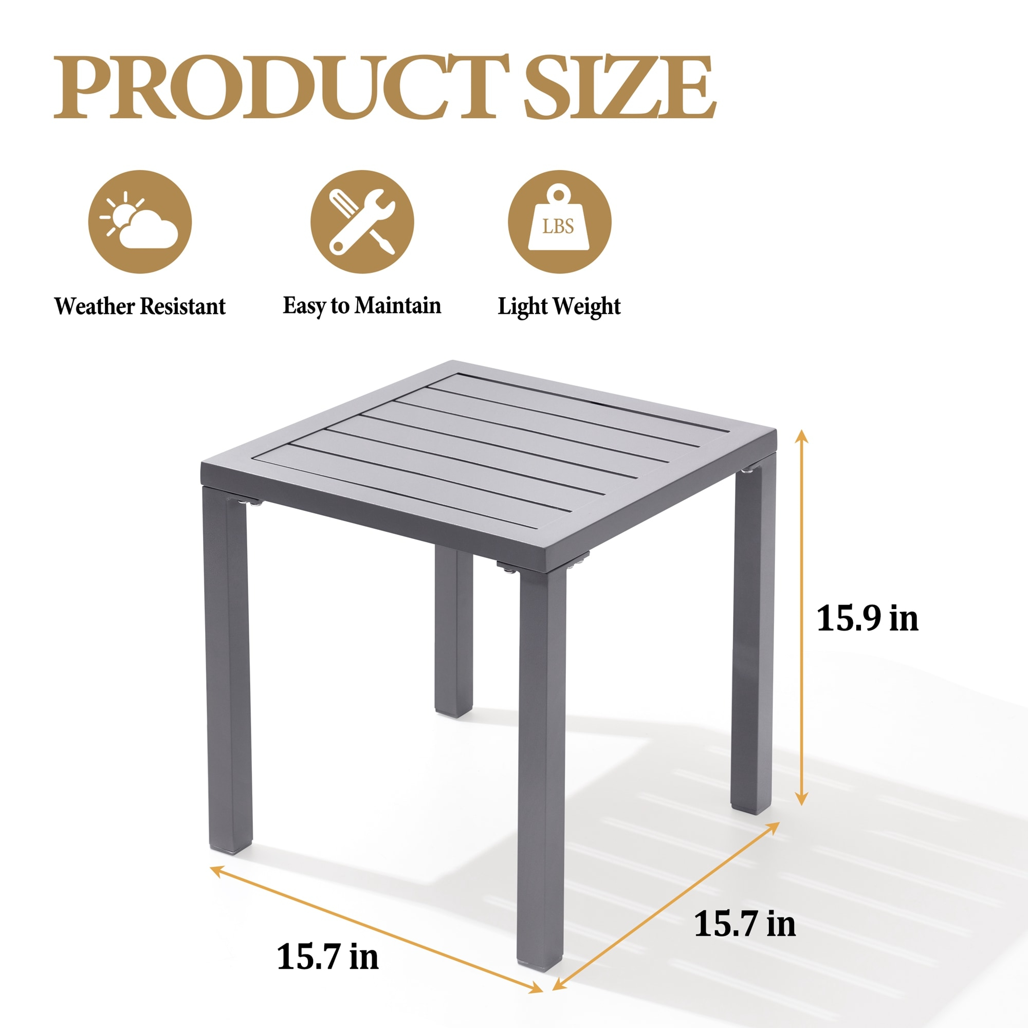 Crestlive Products Outdoor Aluminum End Table Square Patio Side Table - 15.7" L x 15.7" W x 15.9" H 1-Piece, Light Gray