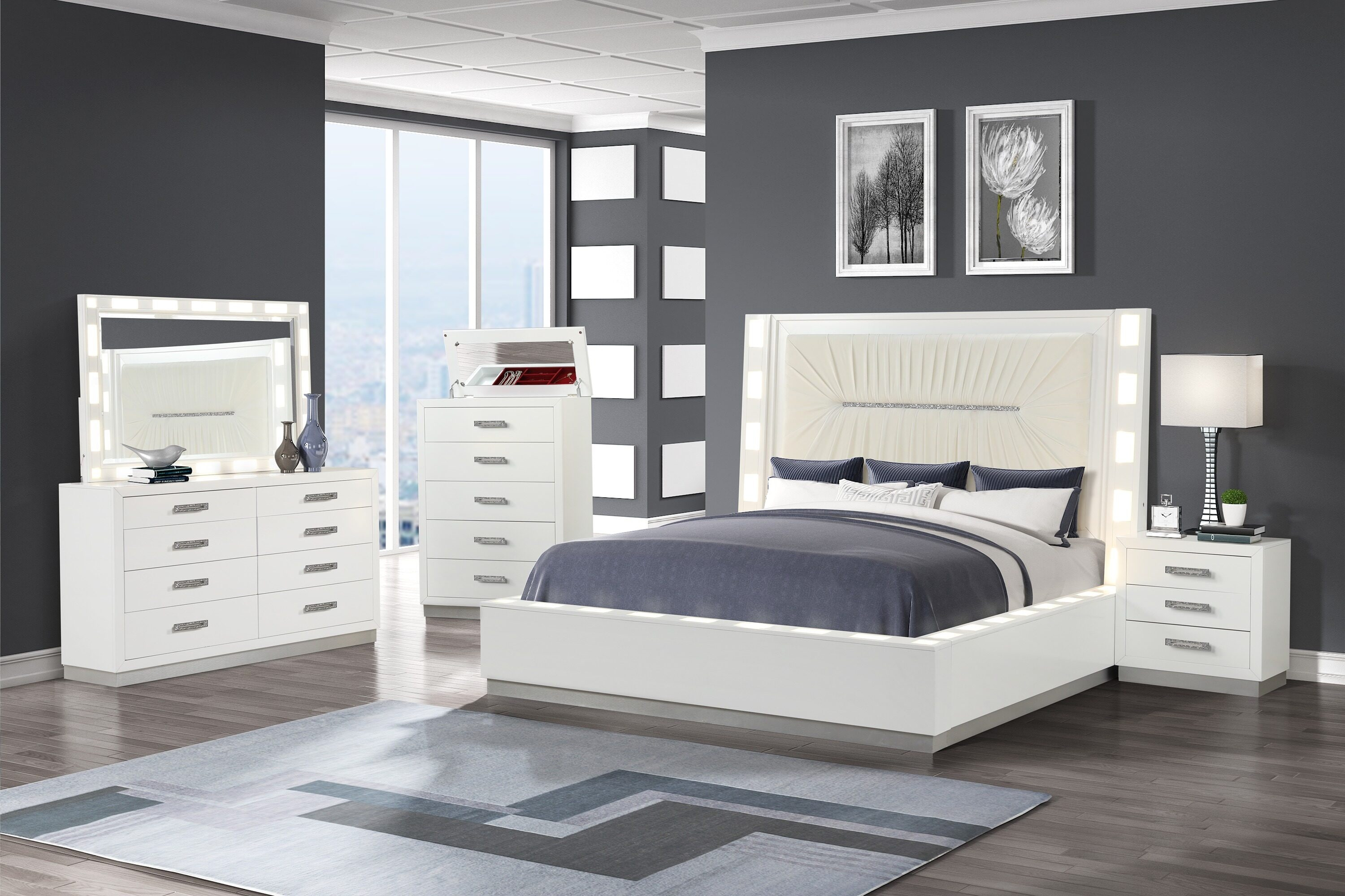 Coco Queen 5 Pc LED Bedroom Set Made with Wood in Milky White