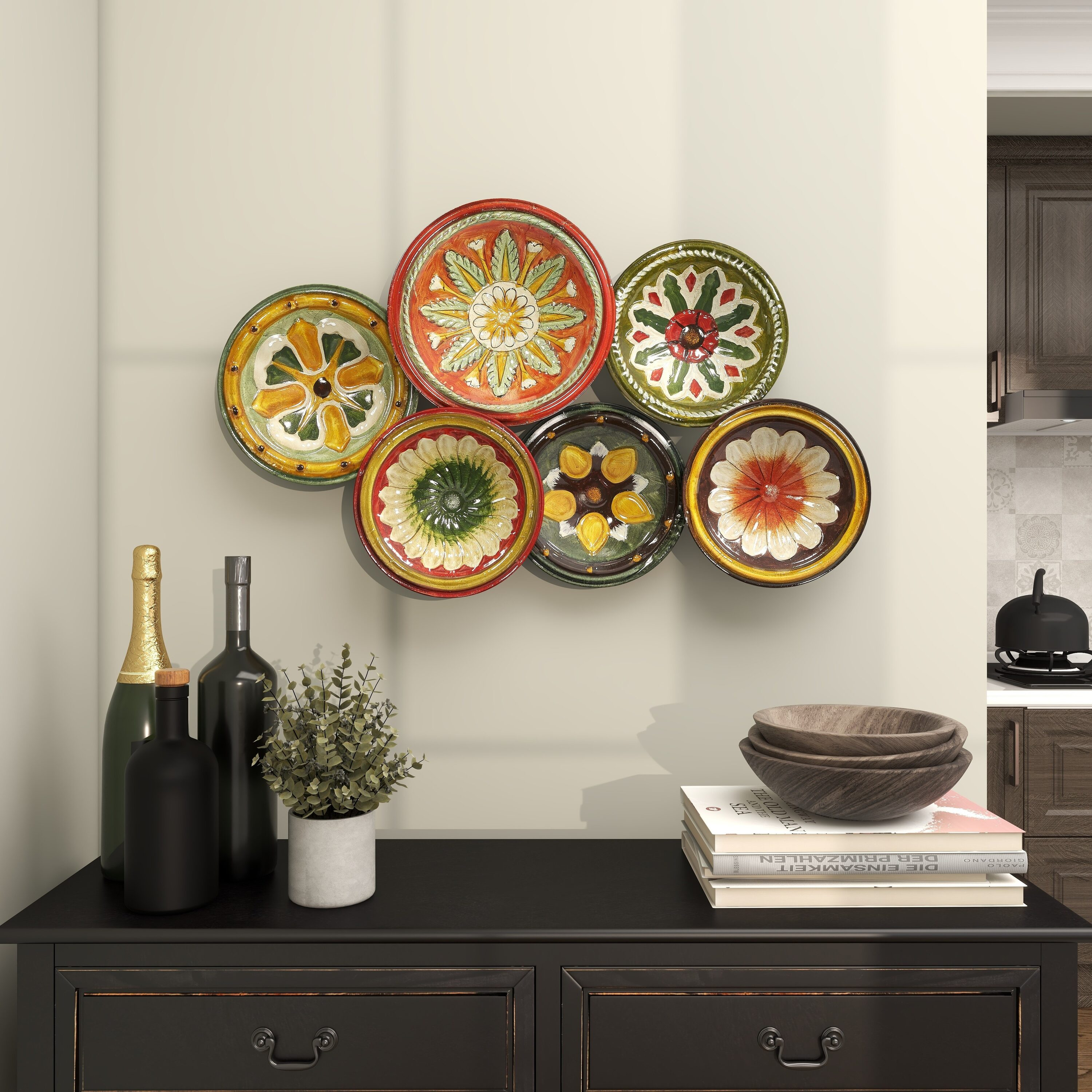 DecMode Rustic Metal Multi Colored Round Plates with Flower Petal Design Wall Decor, 31"W x 19"H