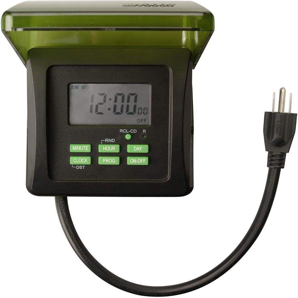 Woods 50015WD Outdoor 7-Day Heavy Duty Digital Plug-in Timer, 2 Grounded Outlets, Weatherproof, Perfect for Automating Holiday/Christmas Lights, Energy Saving Precision Programming, Black & Green