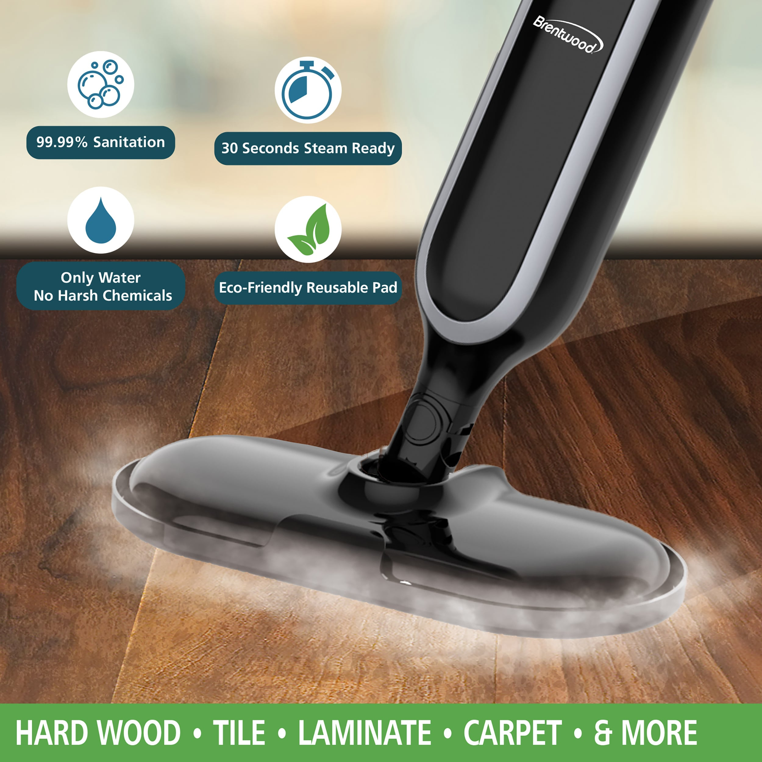 Brentwood 1100 Watt Steam Mop Hard Floor Steamer for Tile & Wood, Black