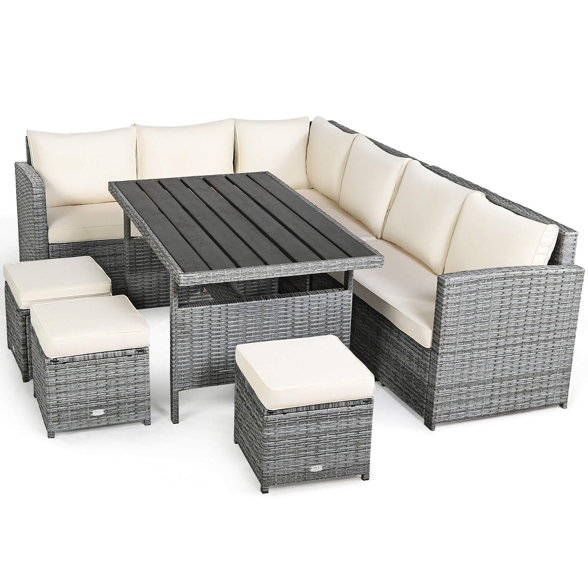 Gray Rattan 7-Piece Patio Sofa Set with Off-White Cushions