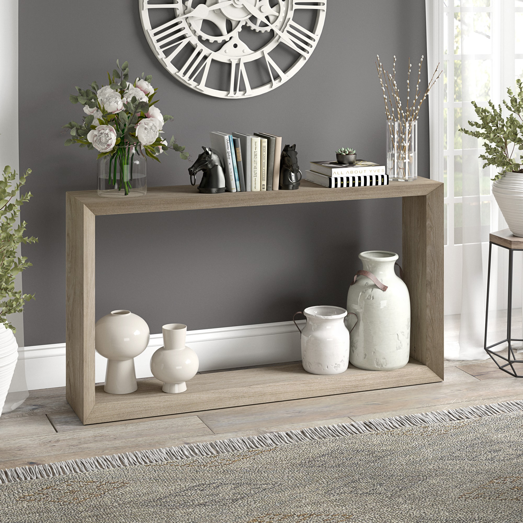 Evelyn&Zoe Osmond 55" Wide Rectangular Console Table, Antiqued Gray Oak