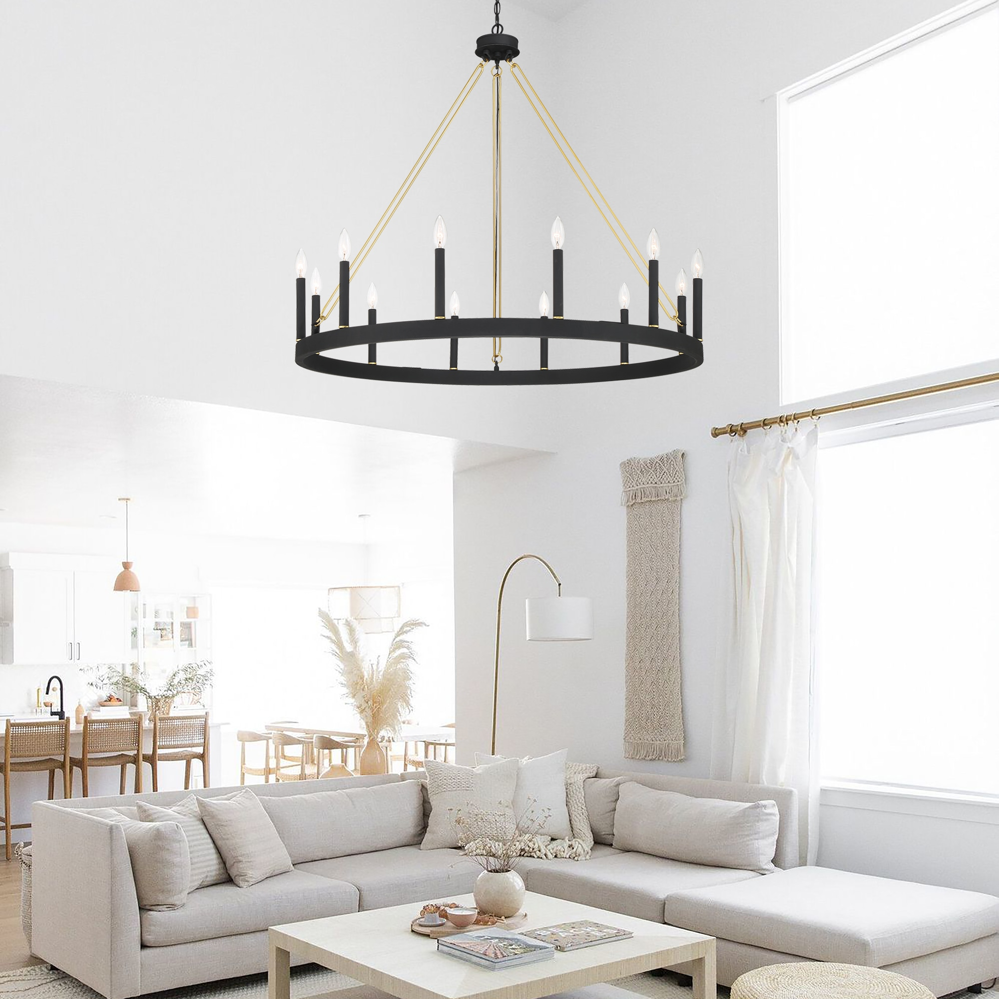 ACROMA  12-light 40In Modern Farmhouse Wagon Wheel Chandelier Black/ Gold Candle Lighting - 40'' D
