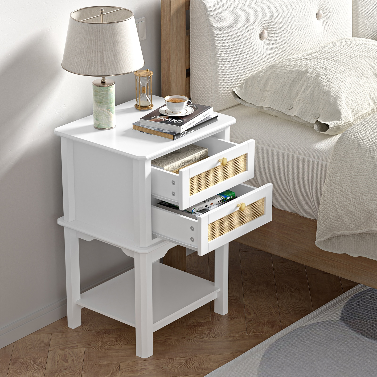 Giluta White Night Stand, 27.95'' H Wood Bedside Table with 2 Drawers, Natural Rattan Nightstand, Farmhouse End Side Table, Night Stand Cabinet for Bedroom