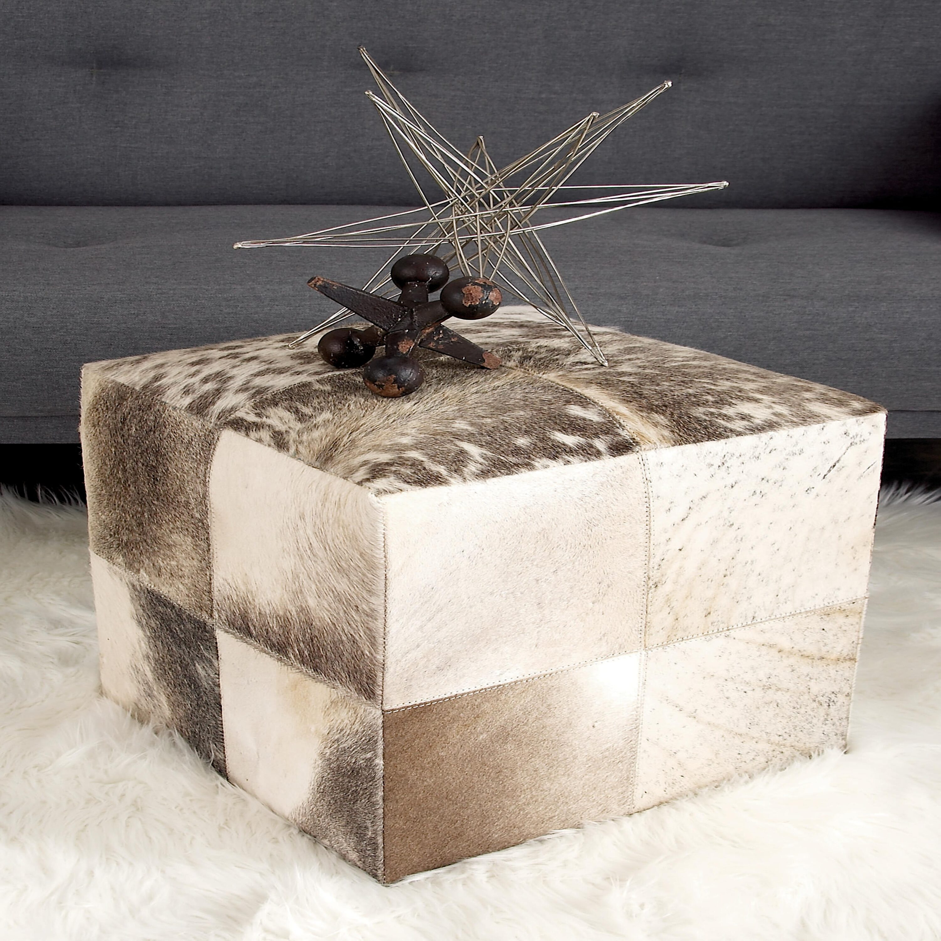DecMode Leather Handmade Cowhide Stool with Patchwork Pattern, Gray