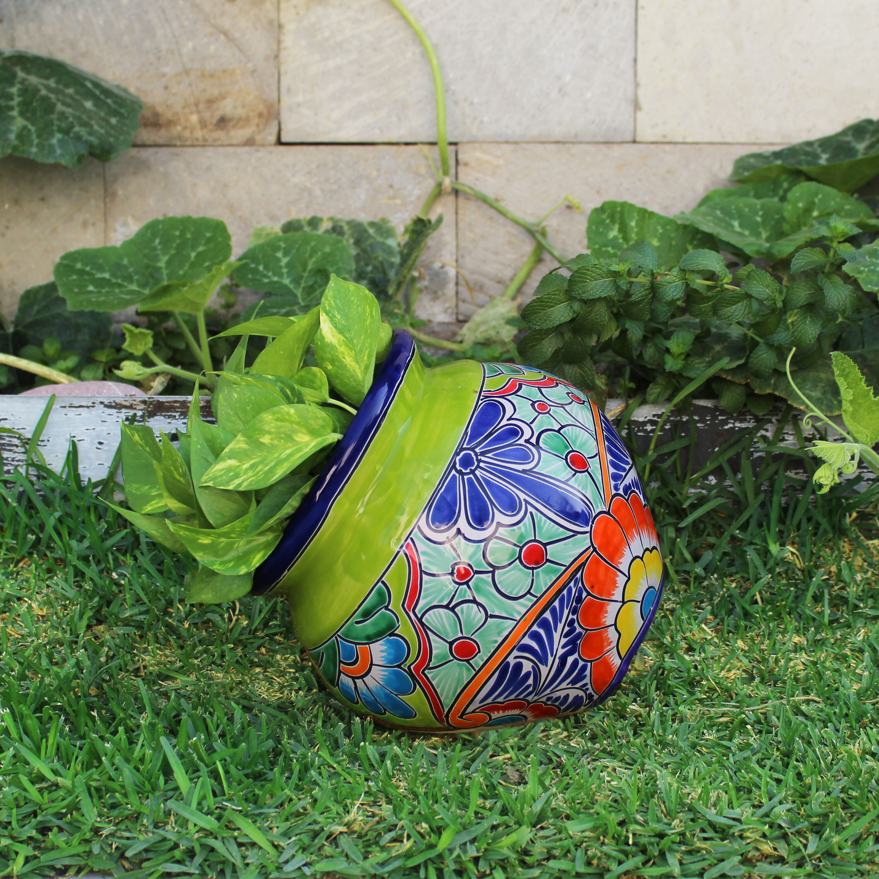 Green Tilted Talavera Ceramic Floral Planter, 10 Inch