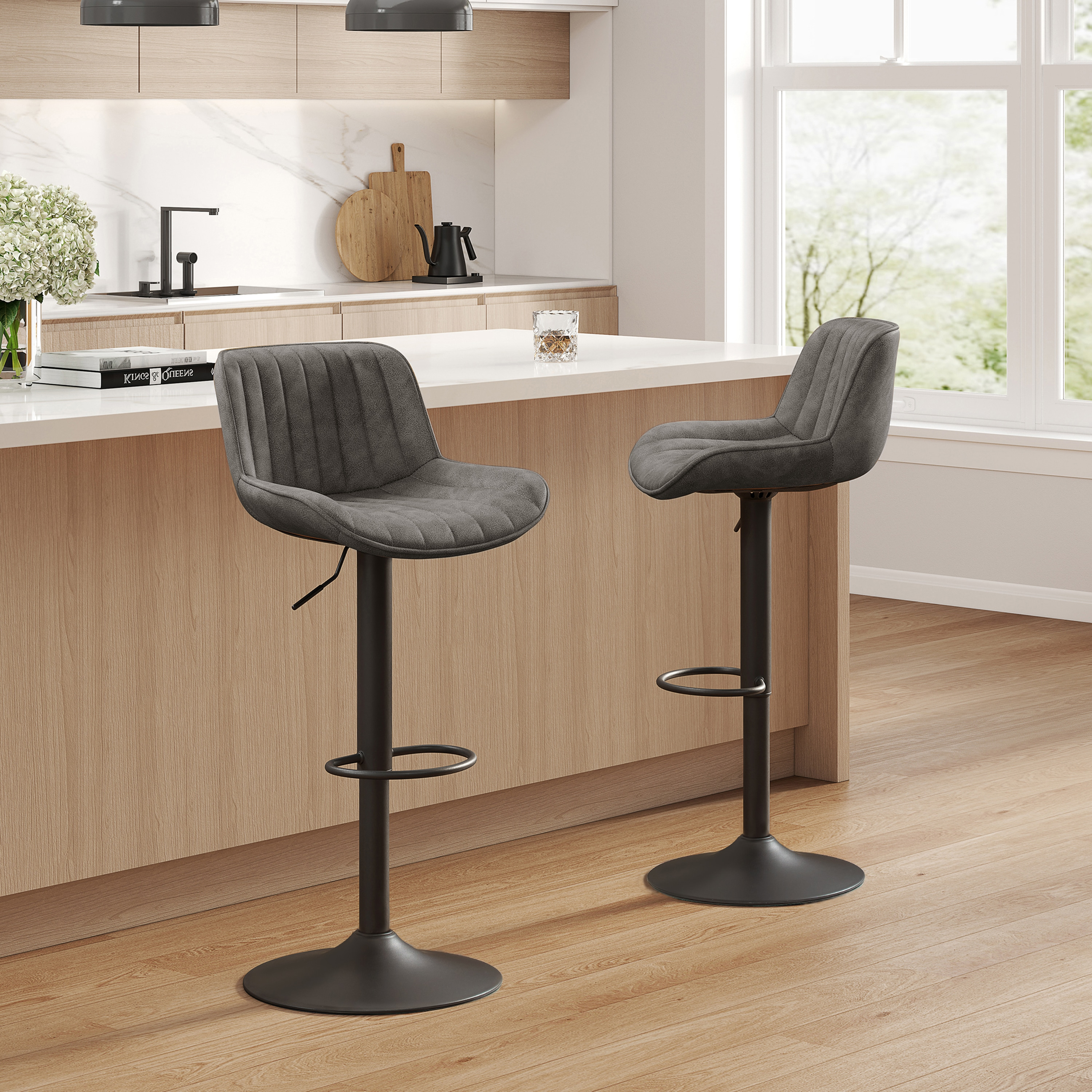 Art Leon Rustic Bar Stools Set of 2, Faux Leather with Backrest Chrome Legs, Upholstered Swivel Kitchen Stools, Gray