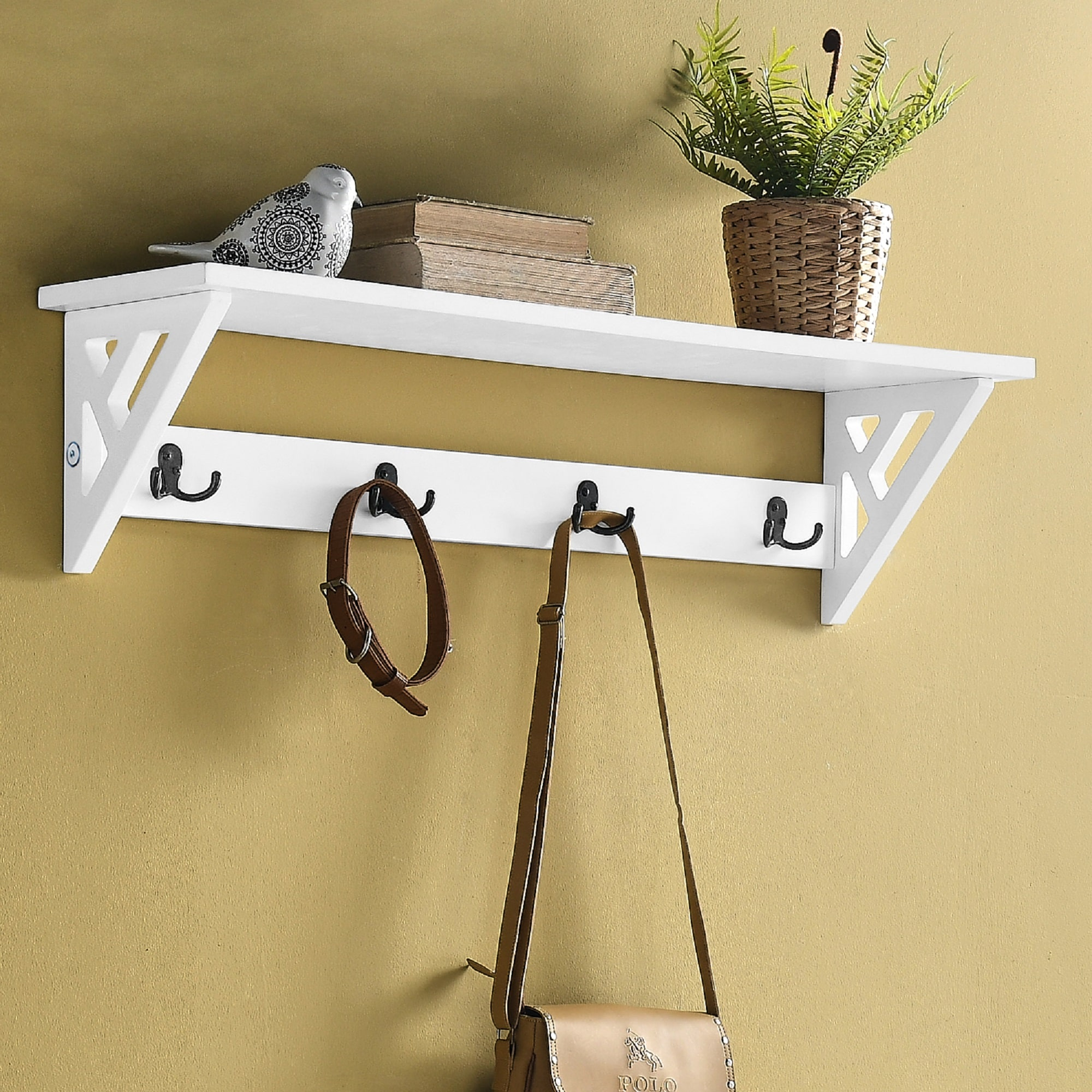 Alaterre Furniture Coventry 36 in. Wall Mounted Coat Hooks With Storage Shelf, Easy Assembly, Traditional Modern Décor, White