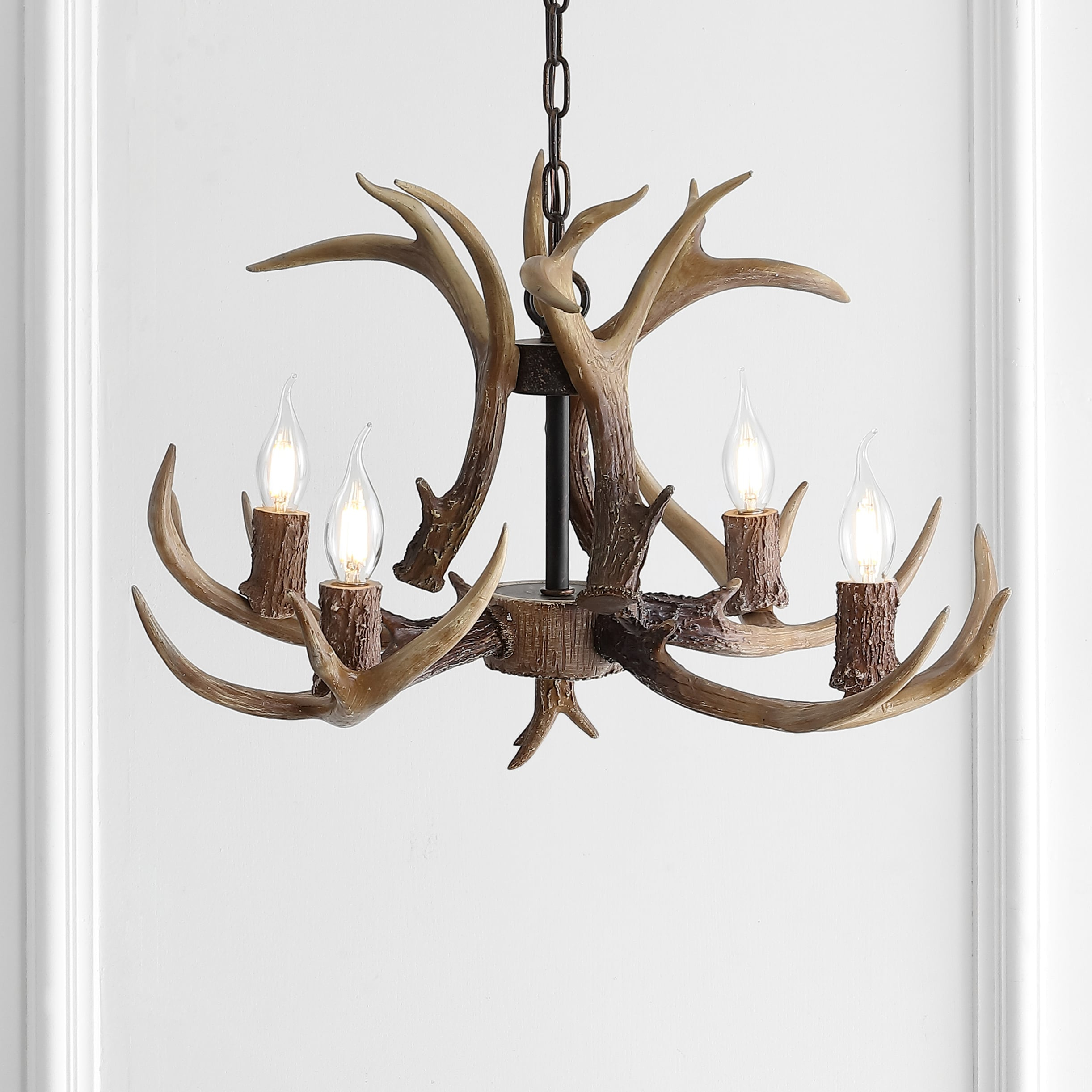 JONATHAN Y JYL6301A Eldora 26" Adjustable Resin Antler 4-Light LED Chandelier, Farmhouse, Glam, Transitional, Rustic, Cottage for living room, dinning room, bedroom, office Bulb Included, Brown