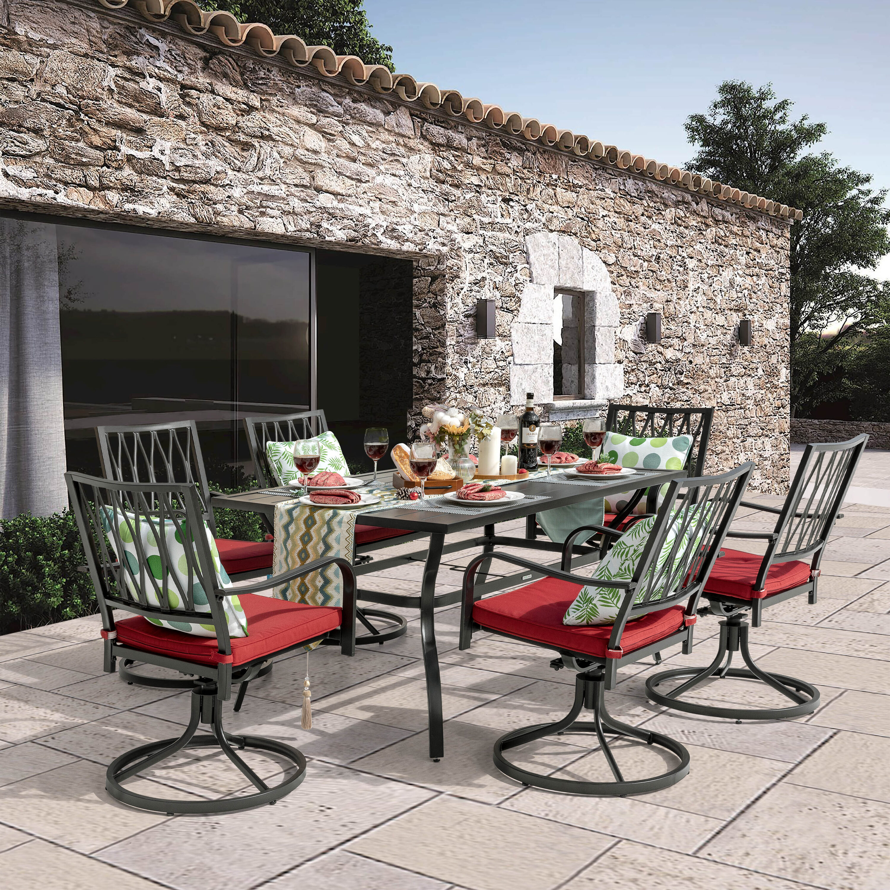 Nuu Garden 7 Piece Outdoor Patio Metal Dining Set with Swivel Cushioned Chairs & Rectangle Table for 6-Person,Black and Red Cushion