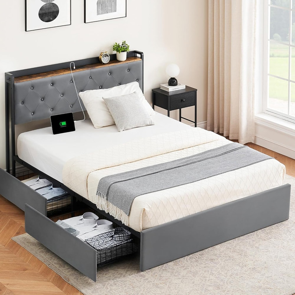 GarveeHome Full Size Bed Frame with 4 Storage Drawers and Charging Station, Upholstered Velvet Platform Bed Frame with Storage Headboard and Sturdy Wooden Slats Support, No Box Spring Needed
