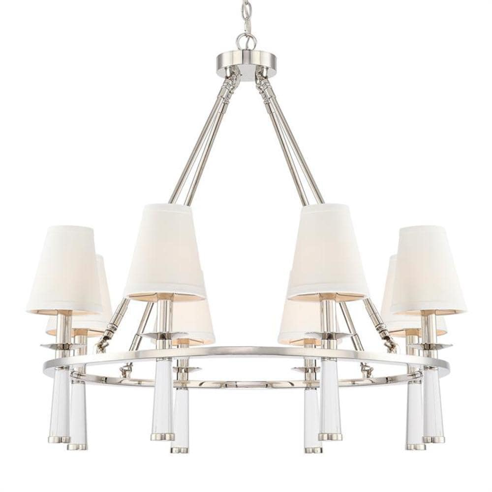 Chic Polished Nickel 8-Light Chandelier with White Silk Drum Shade